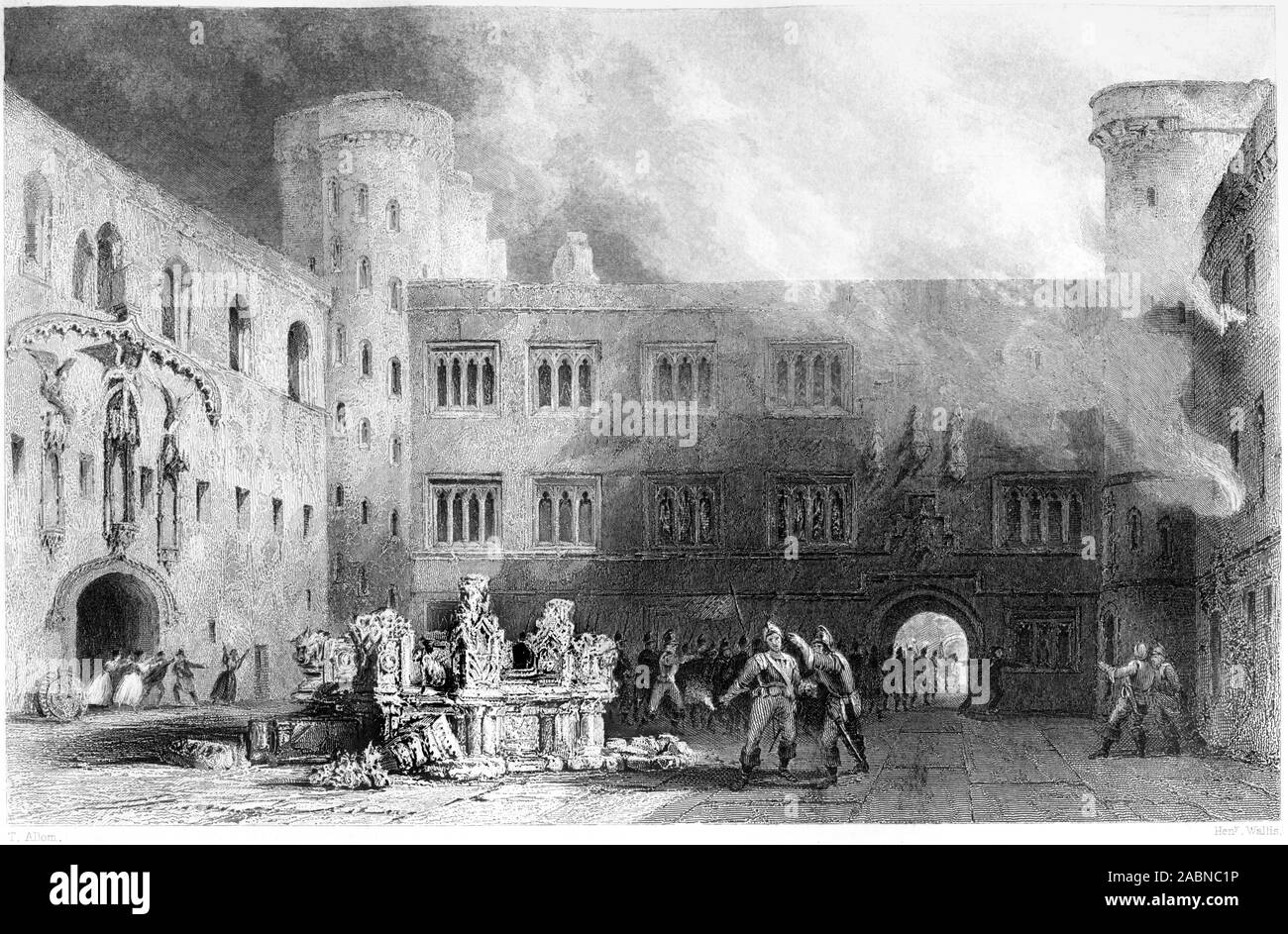 An engraving of the Inner Court of the Palace of Linlithgow scanned at high resolution from a book printed in 1859.  Destroyed by fire in 1746. Stock Photo