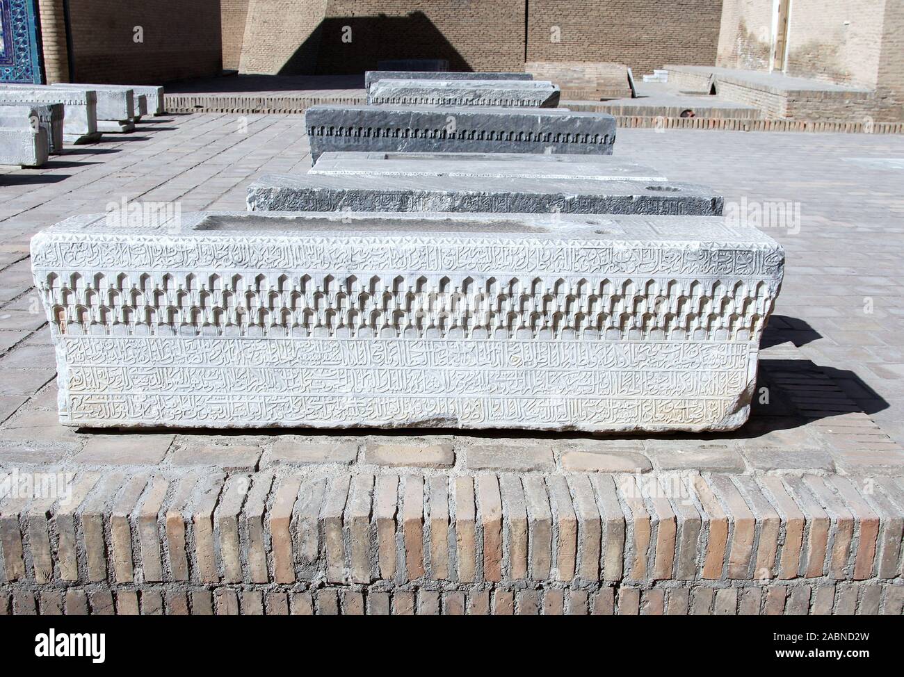 Mausoleum stones at Shahi Zinda Ensemble in Samarkand Stock Photo