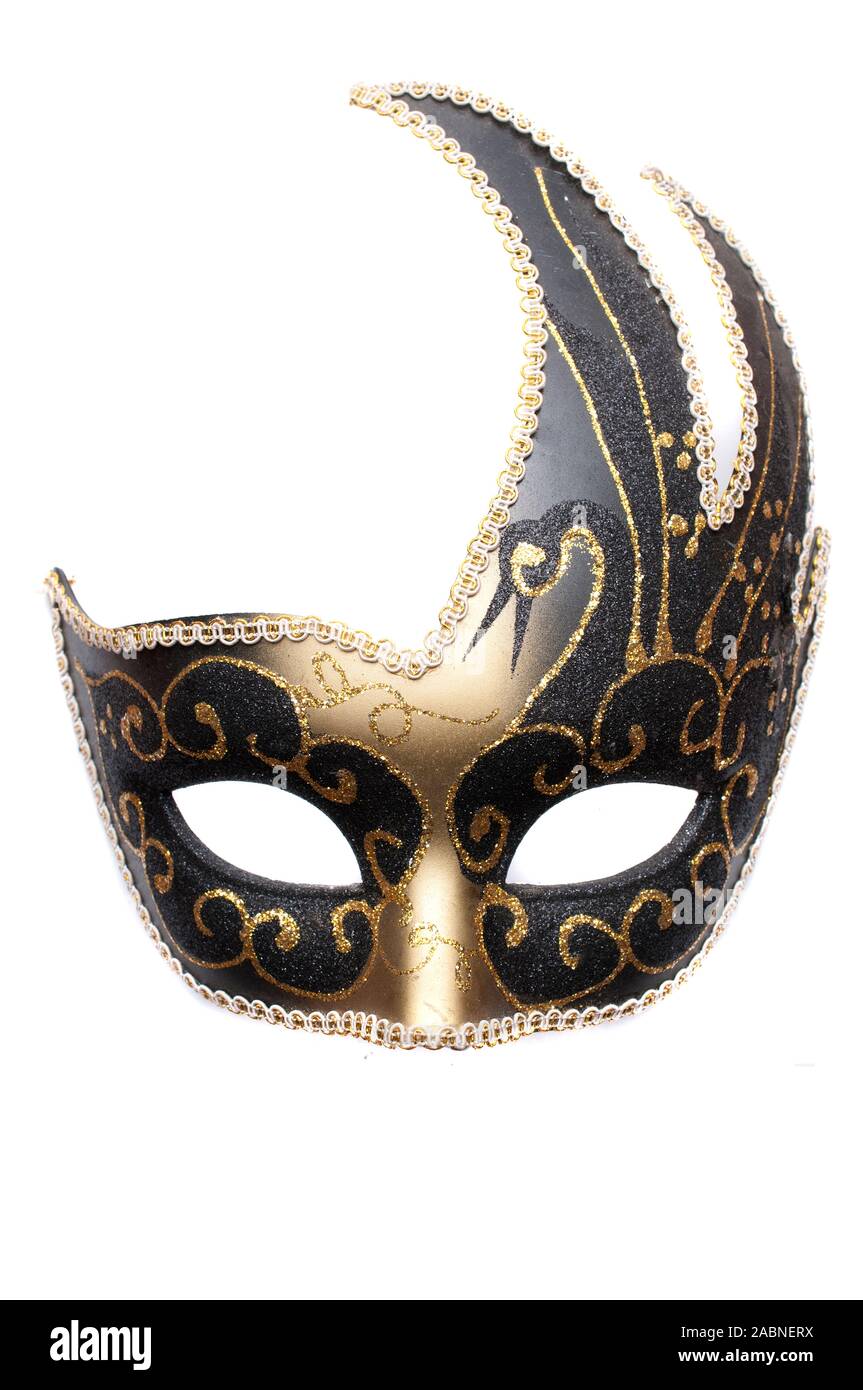 Black theatre mask with musical notes and gold decorations
