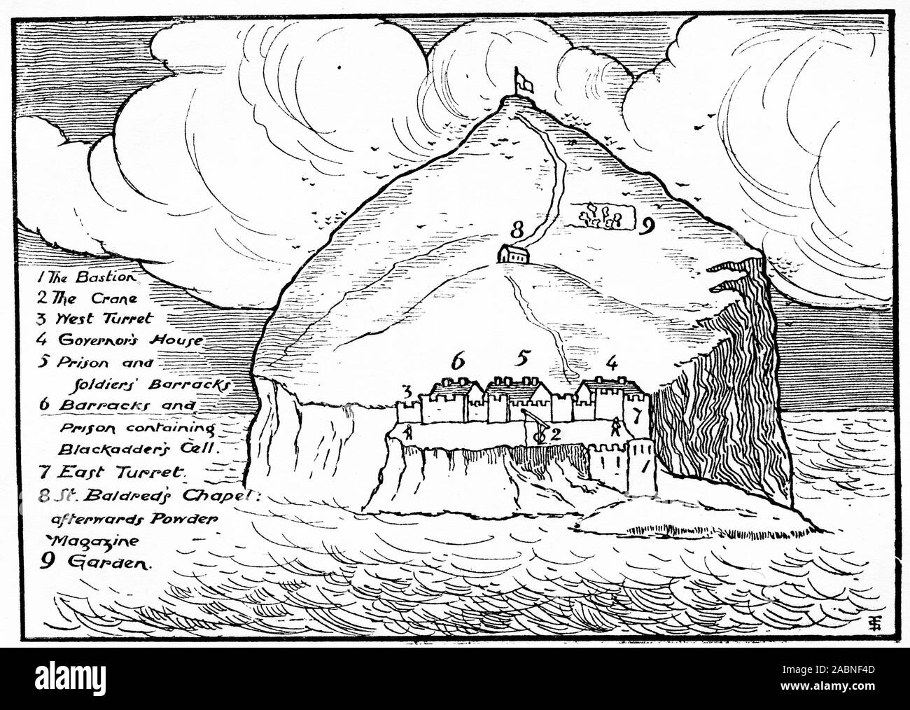 Engraving of The Bass Rock, or simply the Bass, an island in the outer part of the Firth of Forth in the east of Scotland. Stock Photo