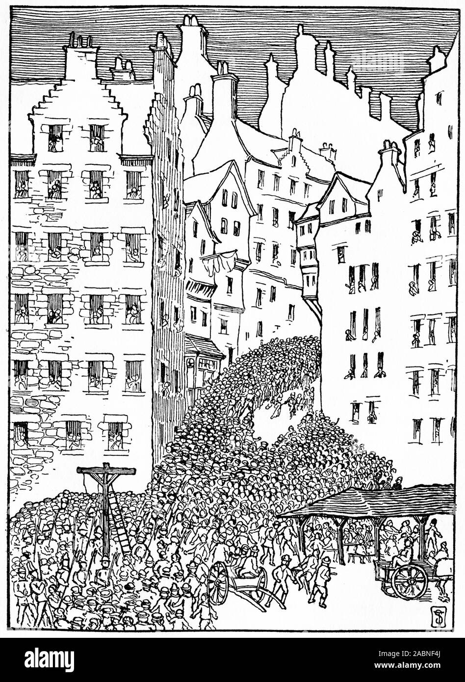 Engraving of a crowd gathering for an execution in The Grassmarket; an historic market place and an event space in the Old Town of Edinburgh, Scotland. Stock Photo