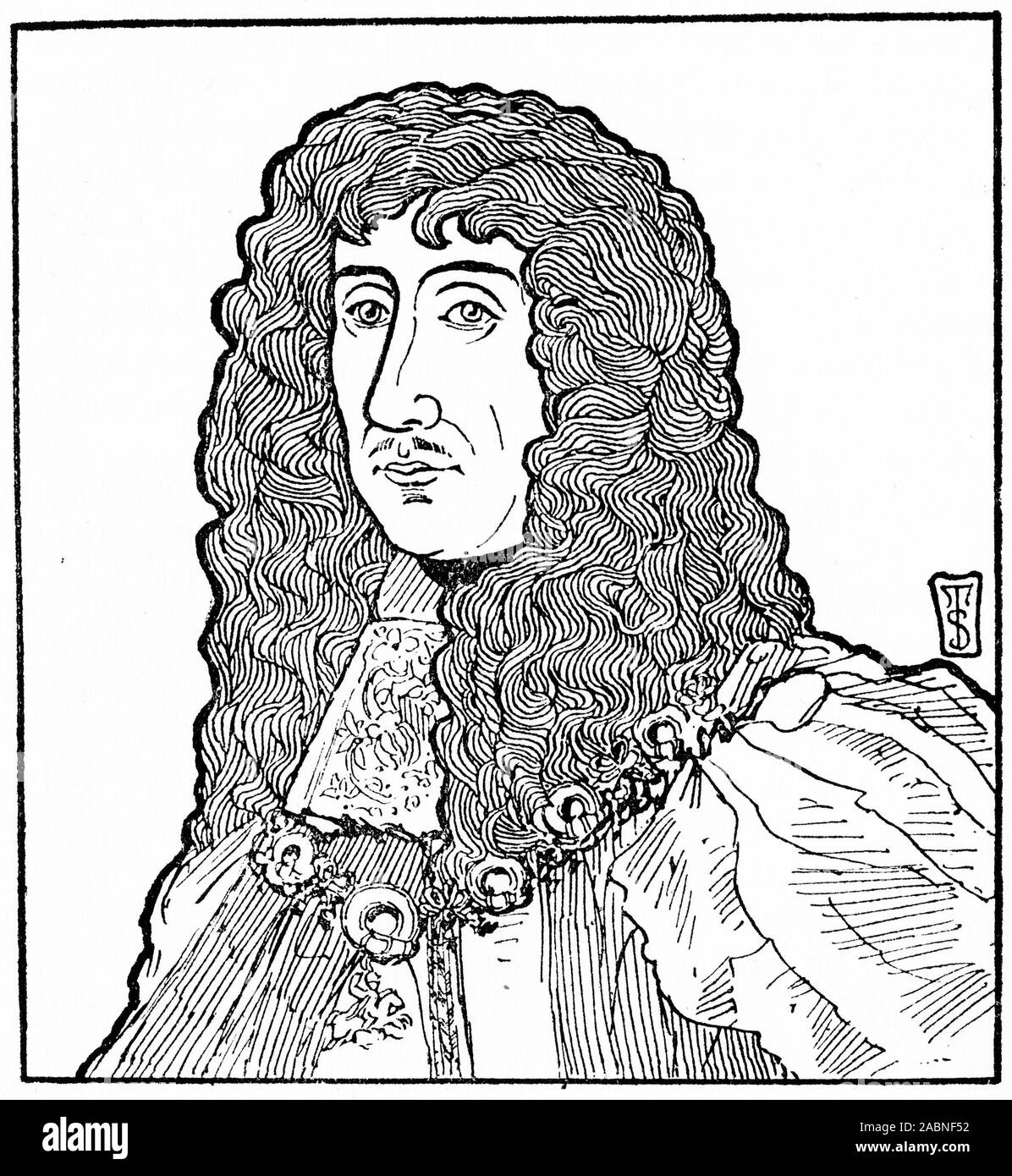 Engraved portrait of Charles II (1630 – 1685) king of England, Scotland, and Ireland. He was king of Scotland from 1649 until his deposition in 1651, and king of England, Scotland and Ireland from the 1660 Restoration of the monarchy until his death. Stock Photo