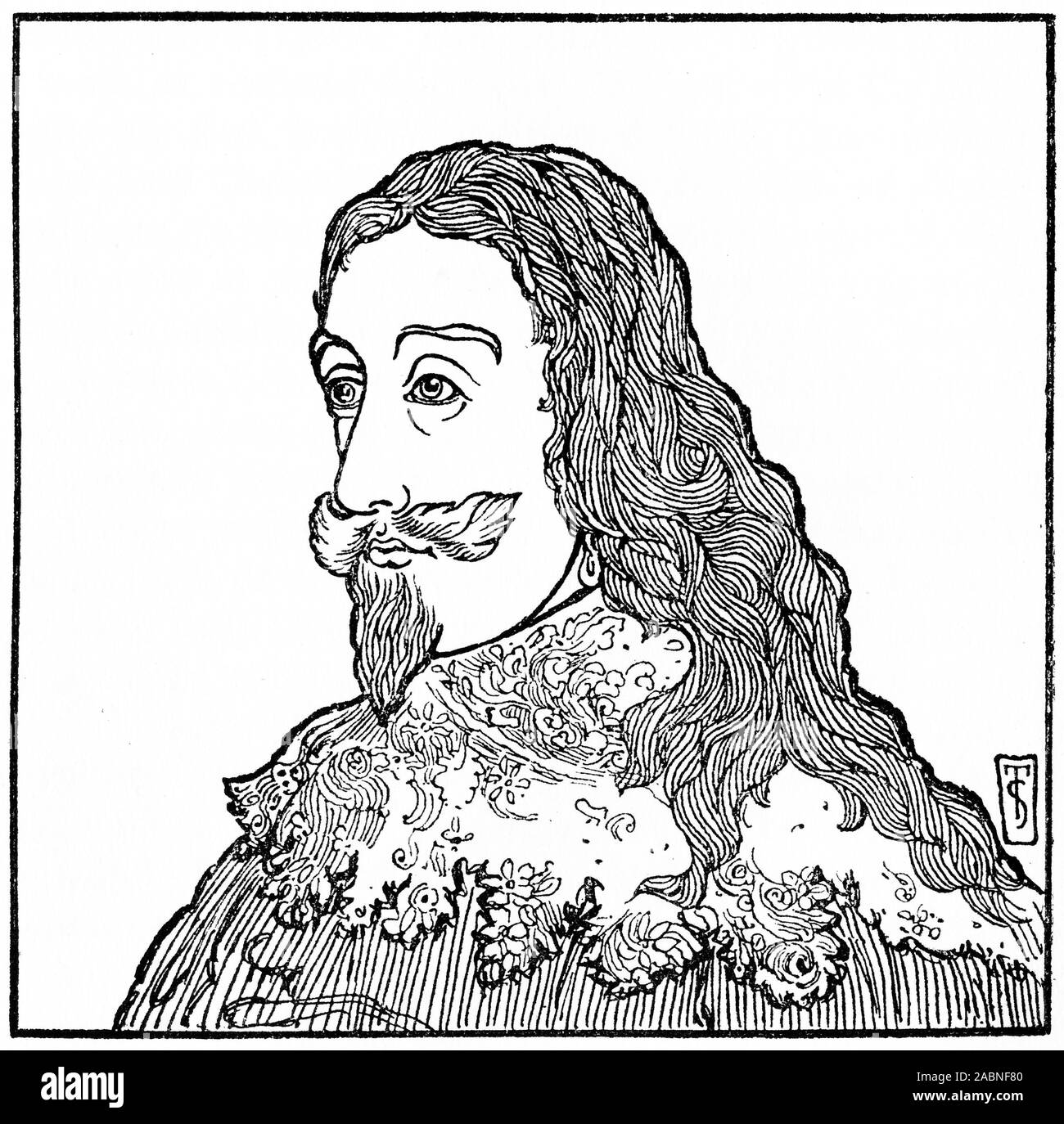 Engraved portrait of Charles I (1600 – 1649) King of England, King of Scotland, and King of Ireland from 27 March 1625 until his execution in 1649. Stock Photo