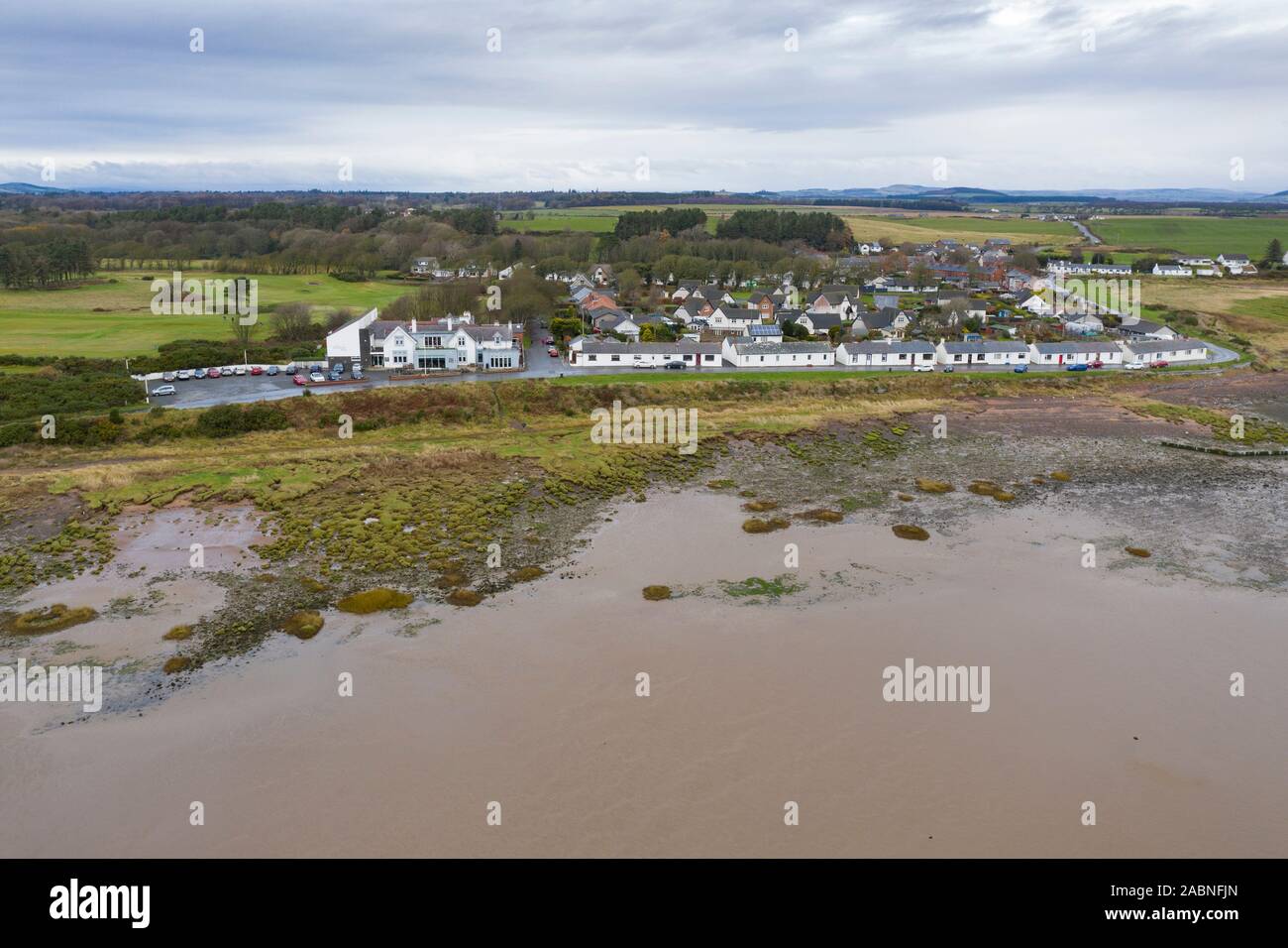 An aerial view of the village of Powfoot, Dumfries and Galloway on the Solway Firth, Scotland. Stock Photo