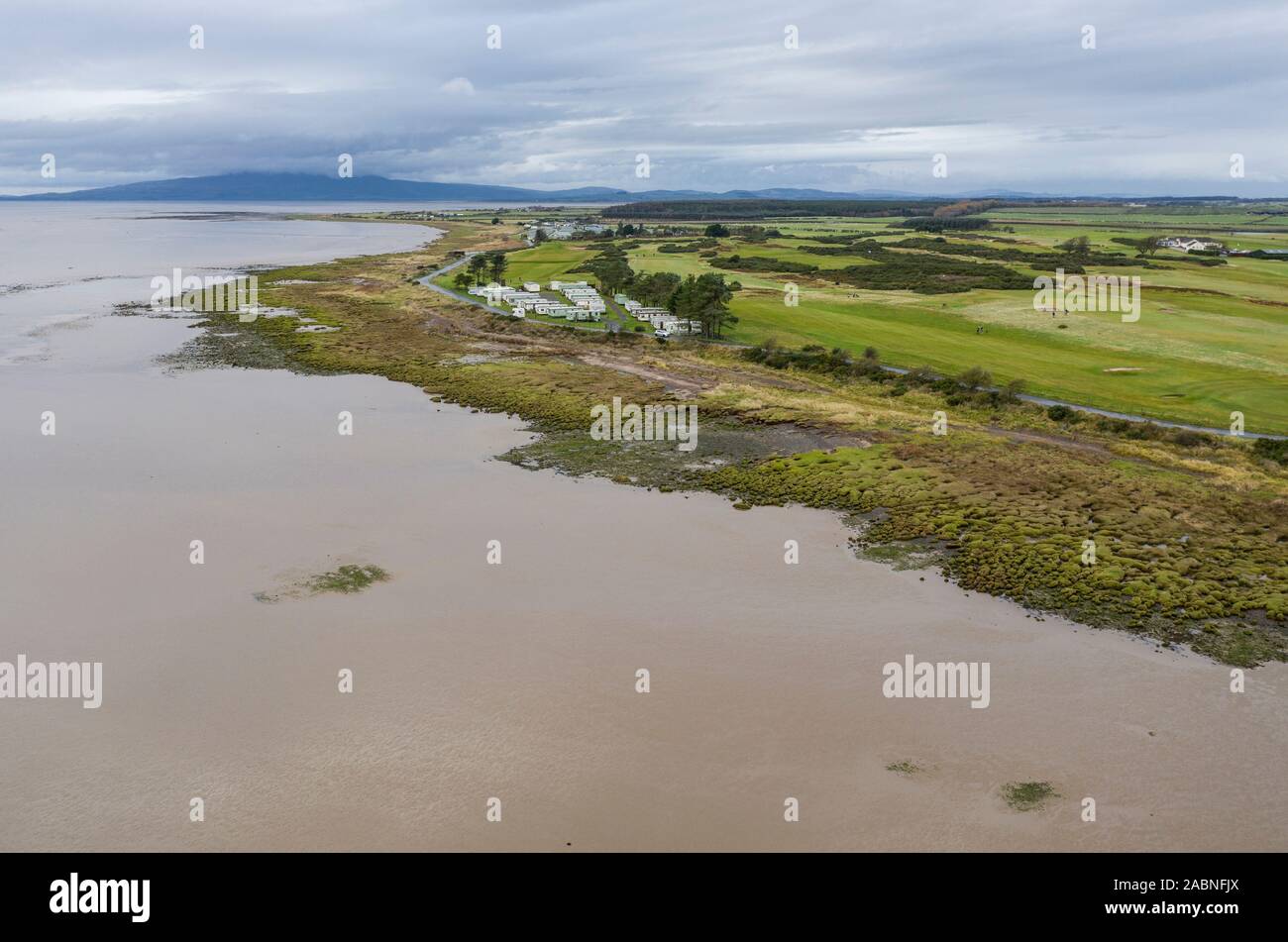 An aerial view of the village of Powfoot, Dumfries and Galloway on the Solway Firth, Scotland. Stock Photo