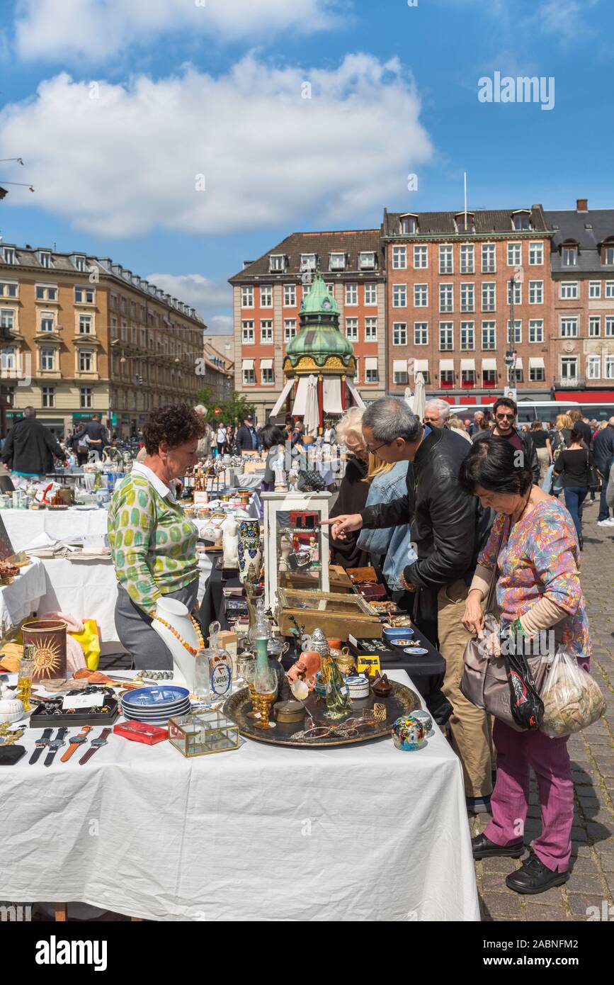 Copenhagen market, view of people looking at items in the Saturday flea market held in Kongens Nytorv square in the center of Copenhagen, Denmark. Stock Photo