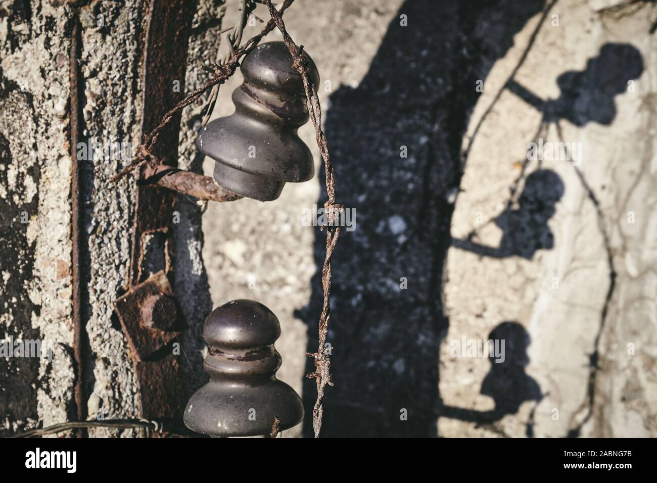 Close up picture of old rusty barbed wire, selective focus, color toning applied. Stock Photo