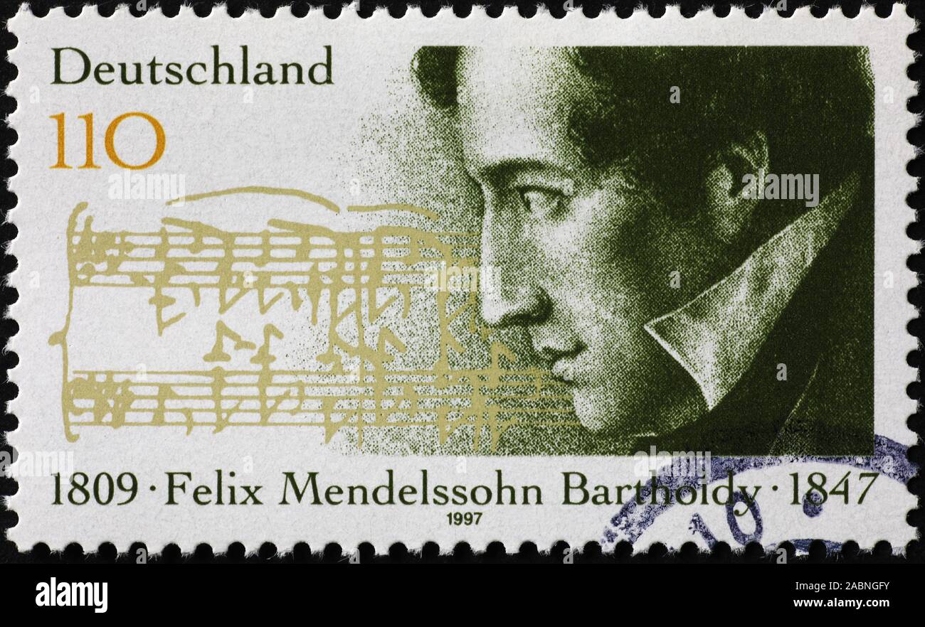 Portrait of Felix Mendelssohn Bartholdi on german stamp Stock Photo