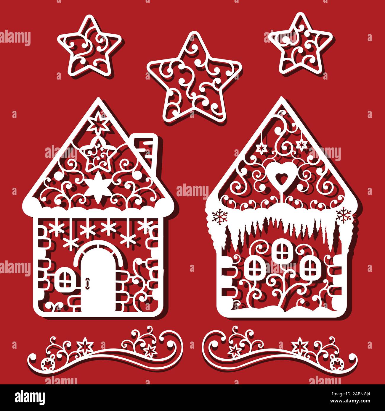 Christmas Ginger bead houses for laser cutting Monochrime ornamental simple drawing. Stock Vector
