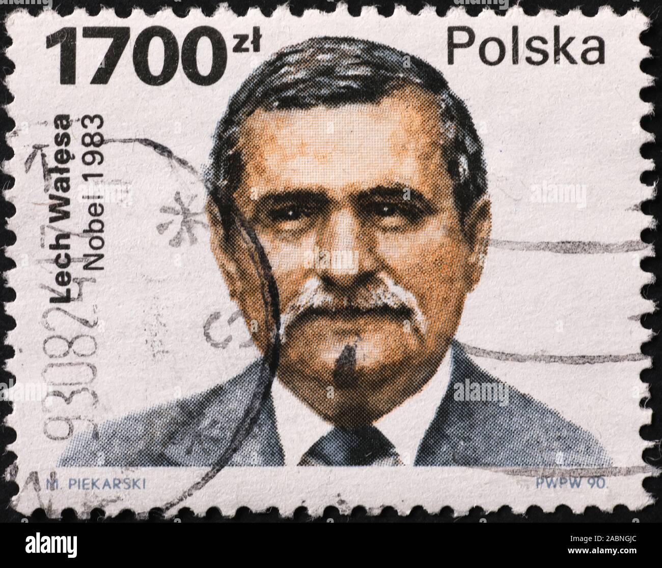 Portrait of Lech Walesa on polish postage stamp Stock Photo