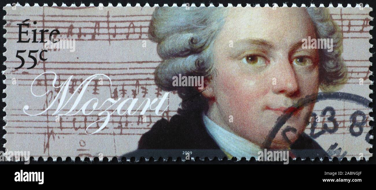 Portrait of Mozart on irish postage stamp Stock Photo
