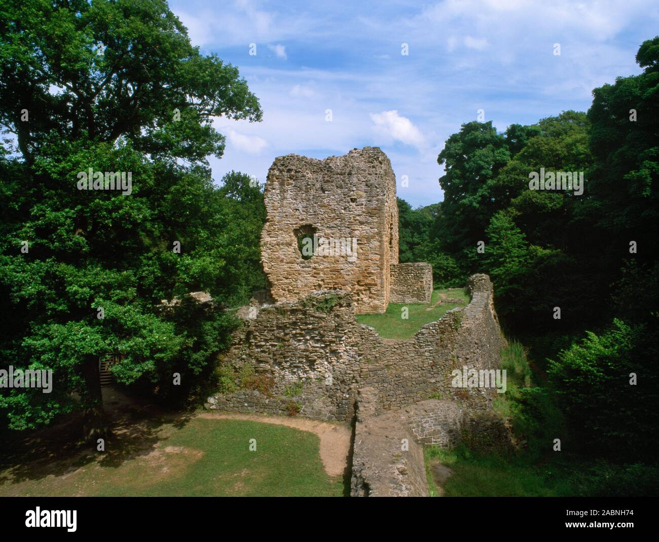 View ENE from the West Tower of Ewloe Castle, Flintshire, Wales, UK, to the C13th D-shaped Welsh Tower in the upper ward. Stock Photo