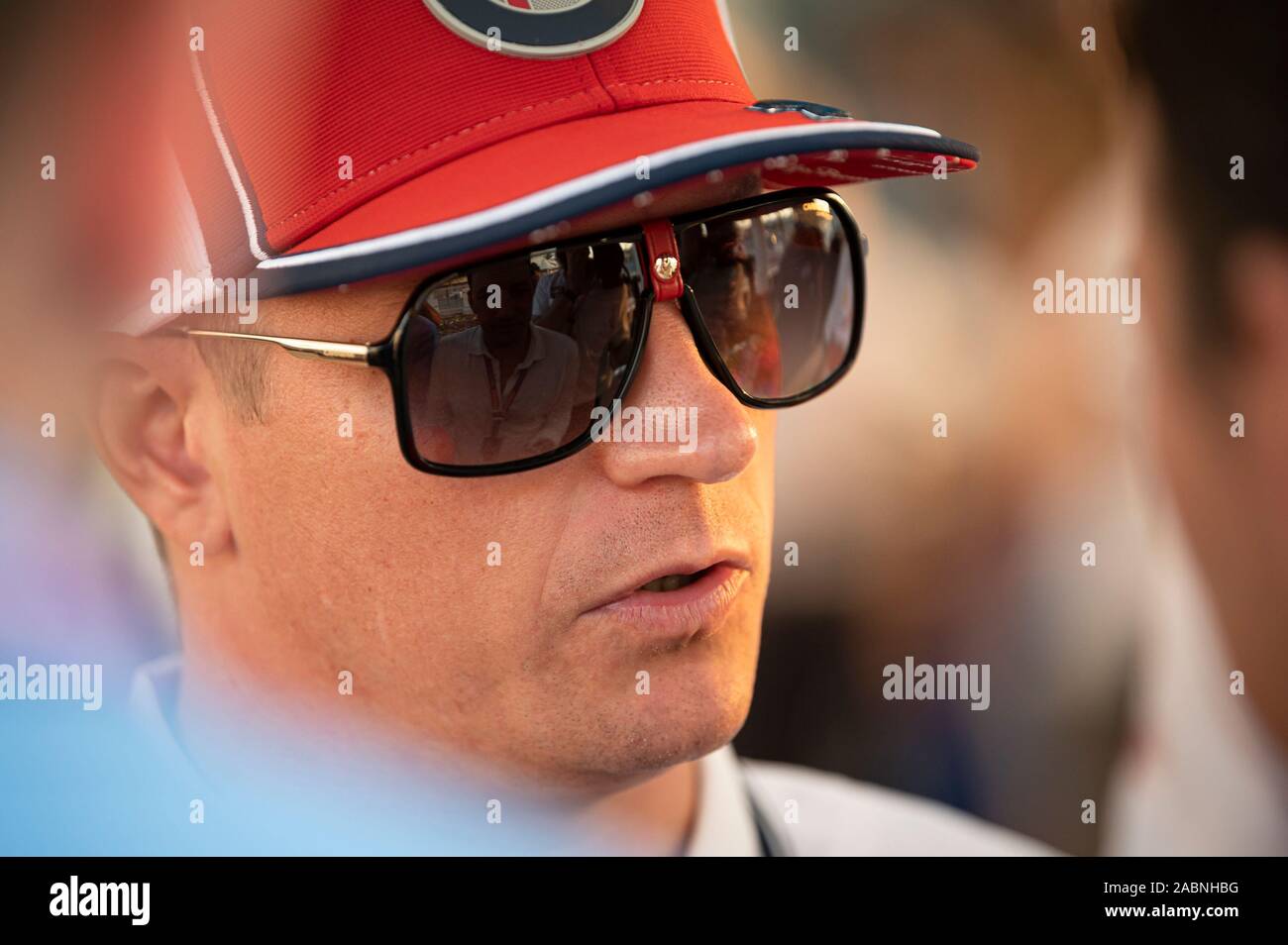 Abu Dhabi, United Arab Emirates. 28th Nov, 2019. Alfa Romeo Racing's Finnish driver Kimi Raikkonen speaks to the media prior to the start of the Abu Dhabi Formula 1 Grand Prix weekend at the Yas Marina Circuit in Abu Dhabi. Credit: SOPA Images Limited/Alamy Live News Stock Photo