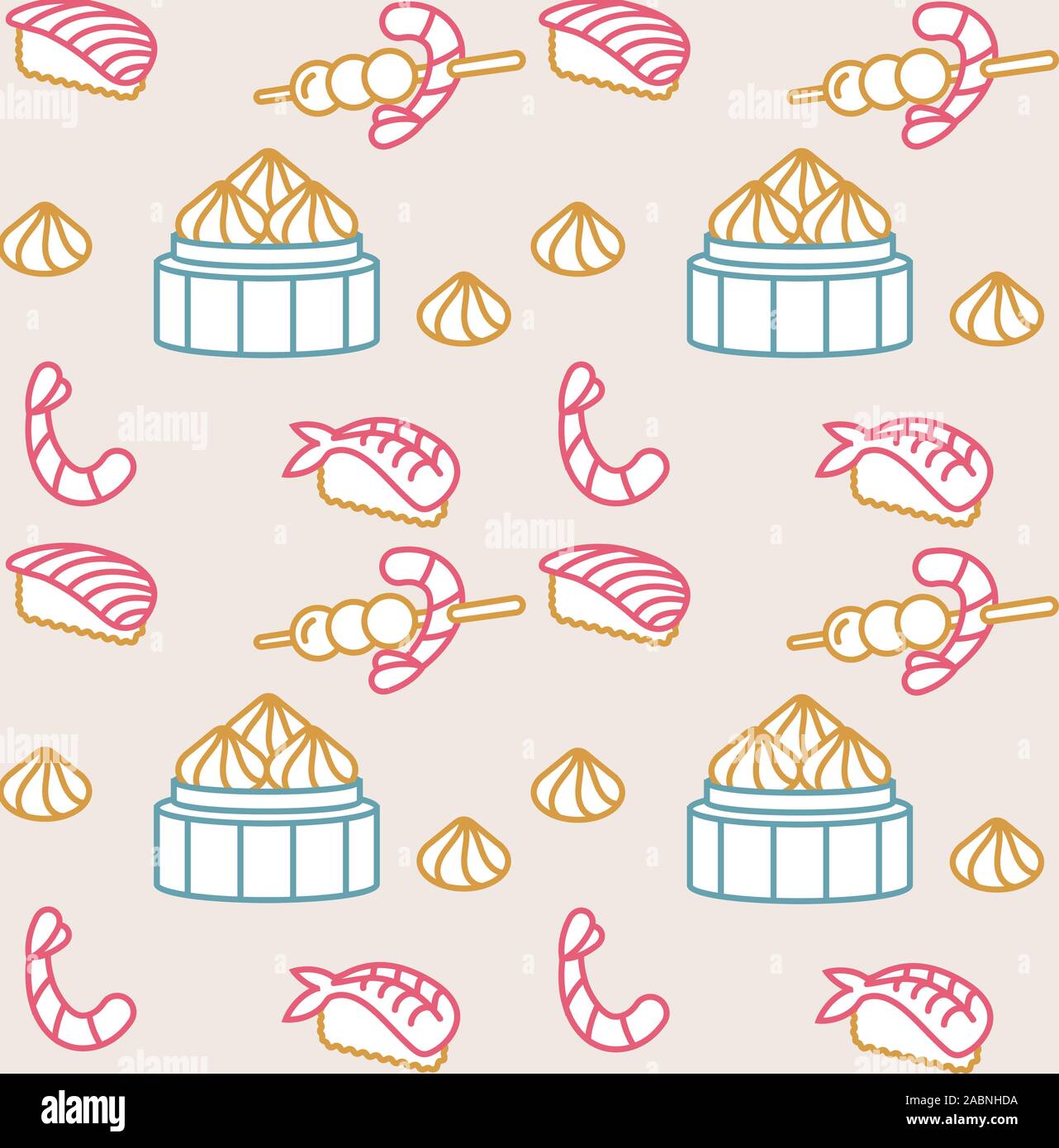 Vector pattern design template asian food - noodles, dim sum, soup, sushi. Linear icon. Stock Vector