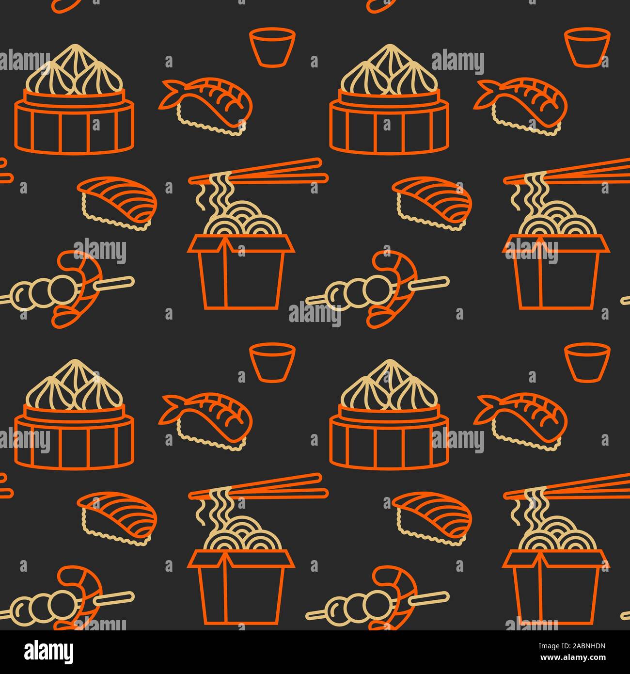 Vector pattern design template asian food - noodles, dim sum, soup, sushi. Linear icon. Stock Vector