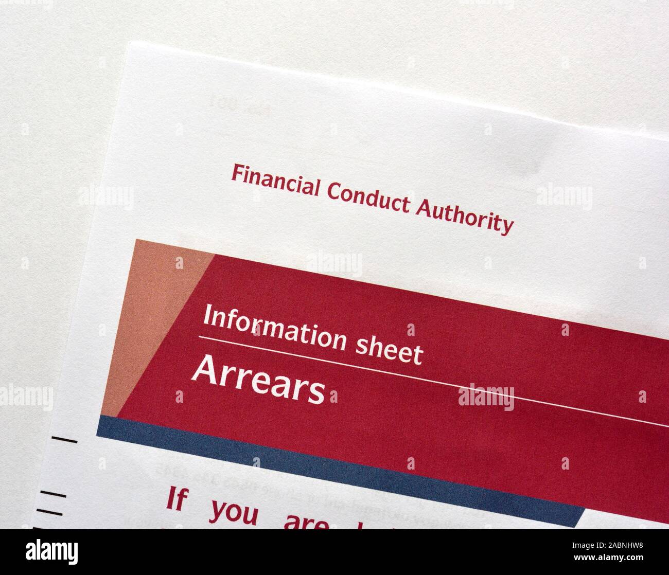 FSA, financial conduct authority,information sheet,ARREARS Stock Photo