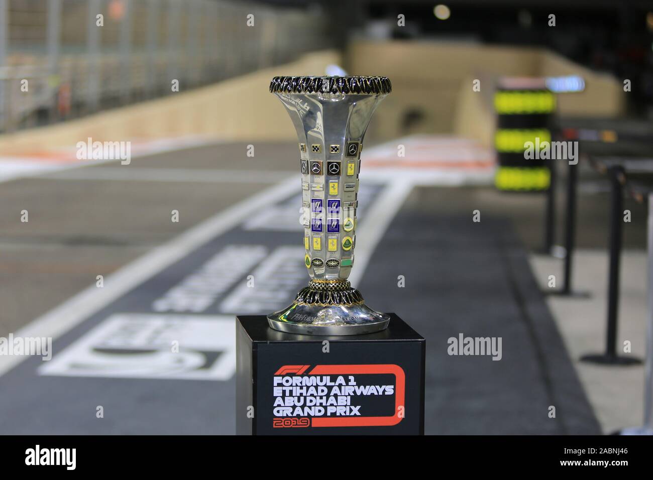 Abu Dhabi, UAE. 28th November 2019; Yas Marina Circuit, Abu Dhabi, United  Arab Emirates; Formula 1 Abu Dhabi Grand Prix, arrivals day; Constructors  Championship trophy - Editorial Use Credit: Action Plus Sports