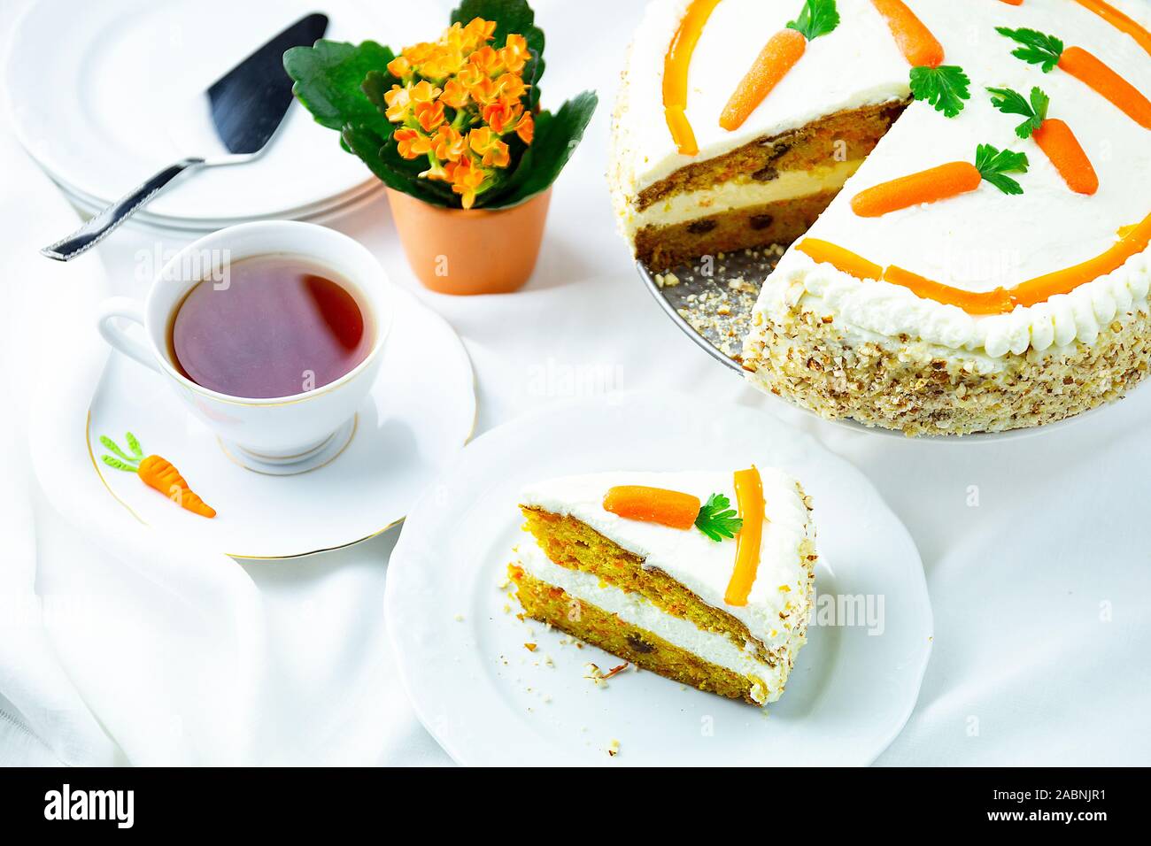 carrot cake on a white table Stock Photo