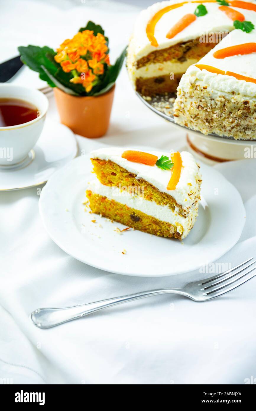 carrot cake on a white table Stock Photo