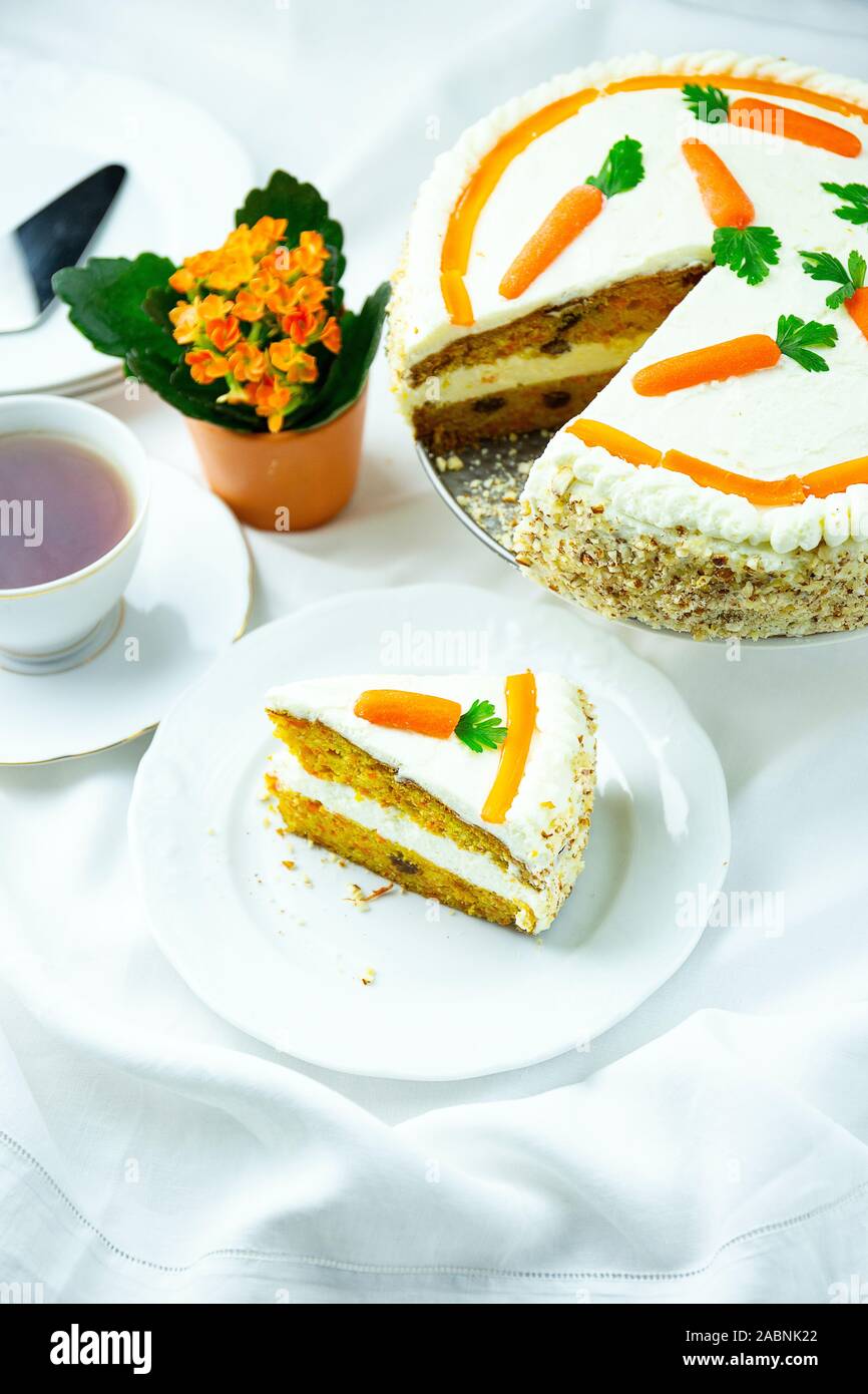 carrot cake on a white table Stock Photo
