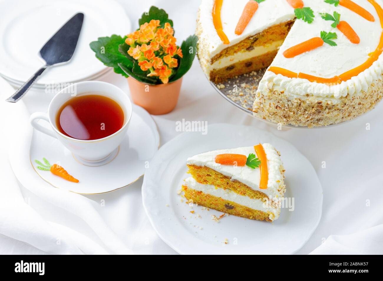 carrot cake on a white table Stock Photo