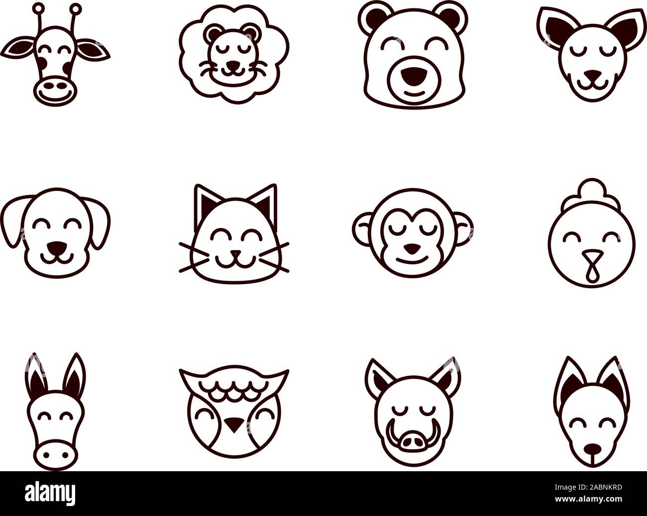 cute face animals cartoon icon on white background thick line Stock ...