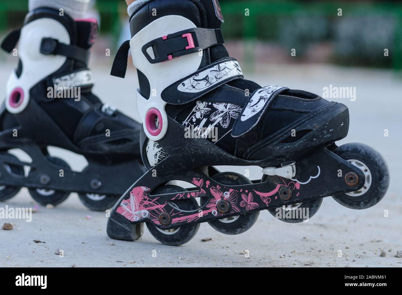 white and pink rollers closeup Shoe with wheels Stock Photo Alamy