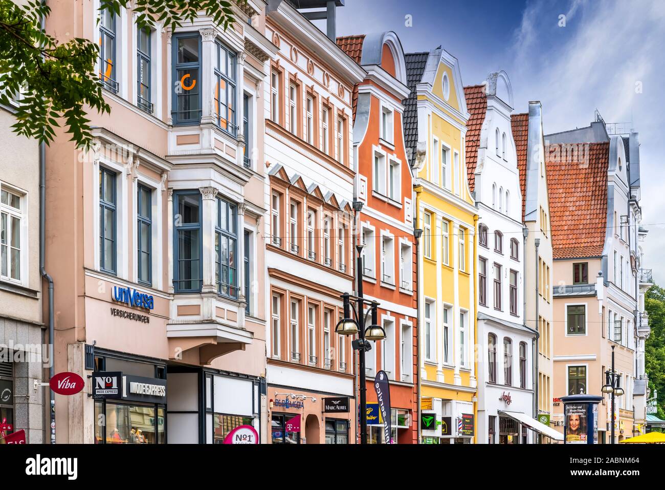 A city square and architecture in downtown Rostock, Germany, Europe
