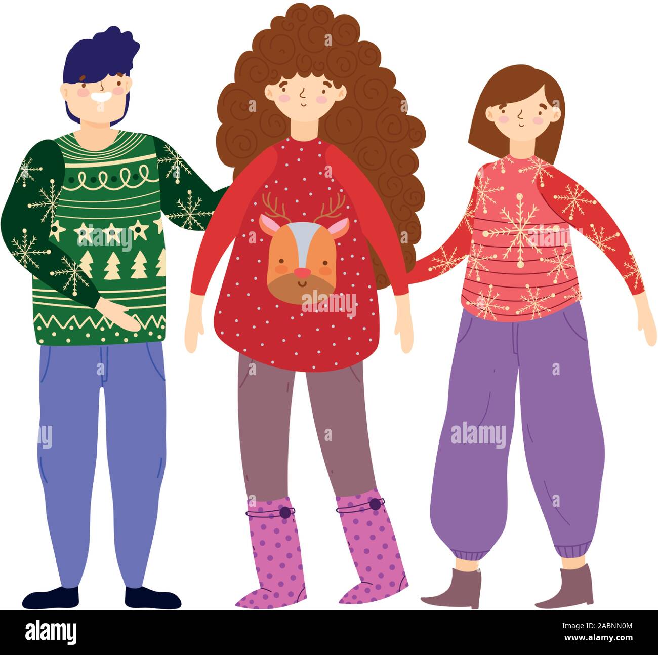 merry christmas celebration people wearing ugly sweaters vector illustration Stock Vector