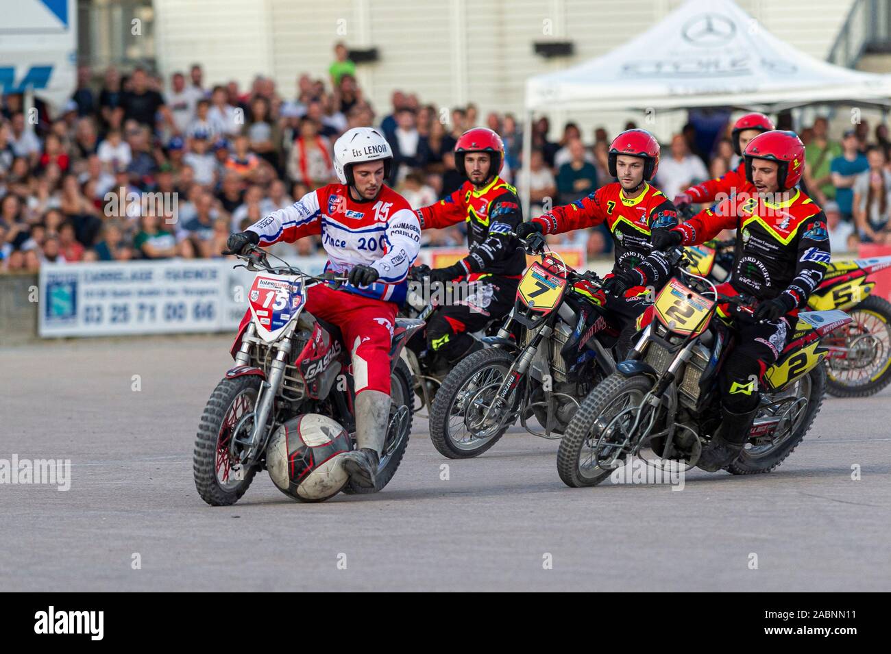 Troyes (north-eastern France), 2019/09/14: victory of the SUMA Troyes team against Carpentras (3-1) in the final of the Motoball French Cup. Motoball Stock Photo