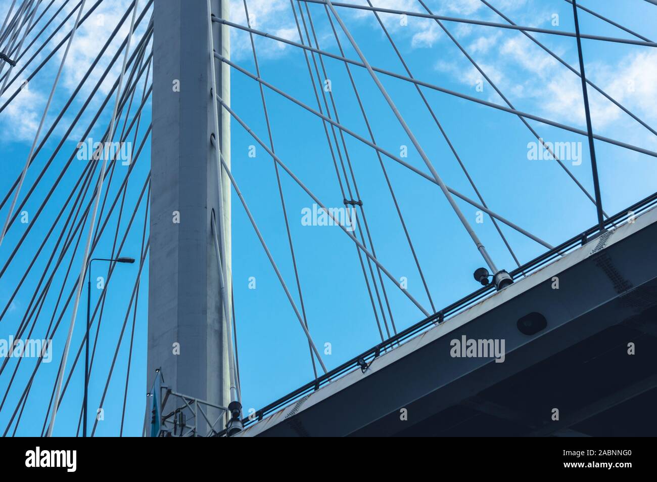 Close view of cable stayed bridge in St.Petersburg, Russia shot from beneath Stock Photo