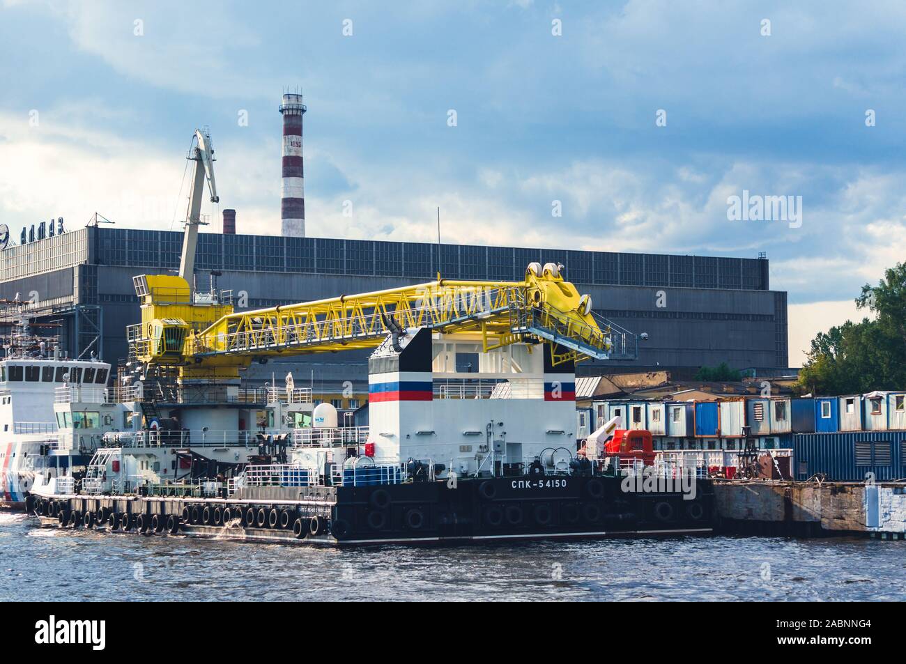 St.Petersburg, Russia - July 23, 2019 - Floating crane near shipyard Almaz on Neva river Stock Photo