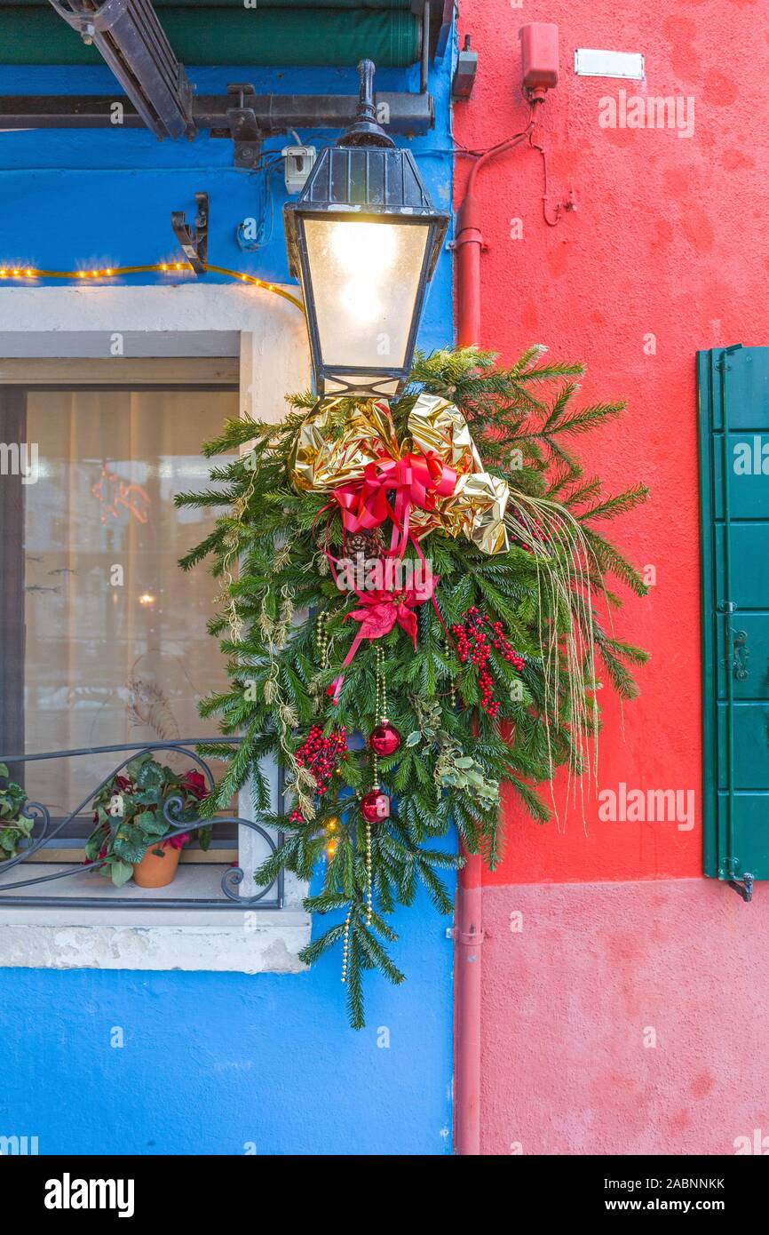 Evergreen Christmas Decoration In Front Of House Burano Stock