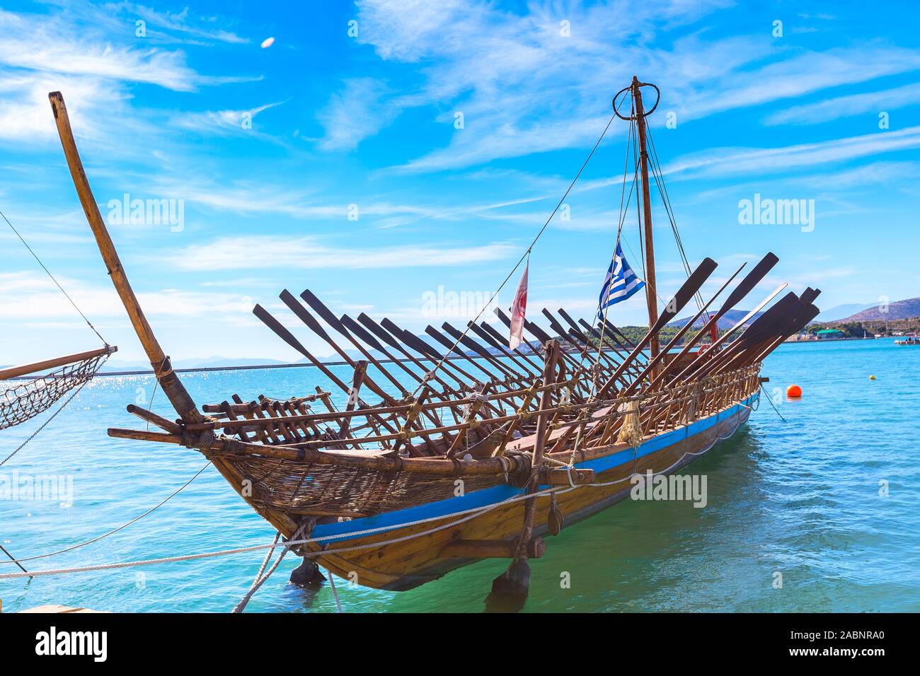 Argo legendary ship copy in port Volos, Greece. Greek mythology Argonauts sailed Argo to retrieve the Golden Fleece Stock Photo