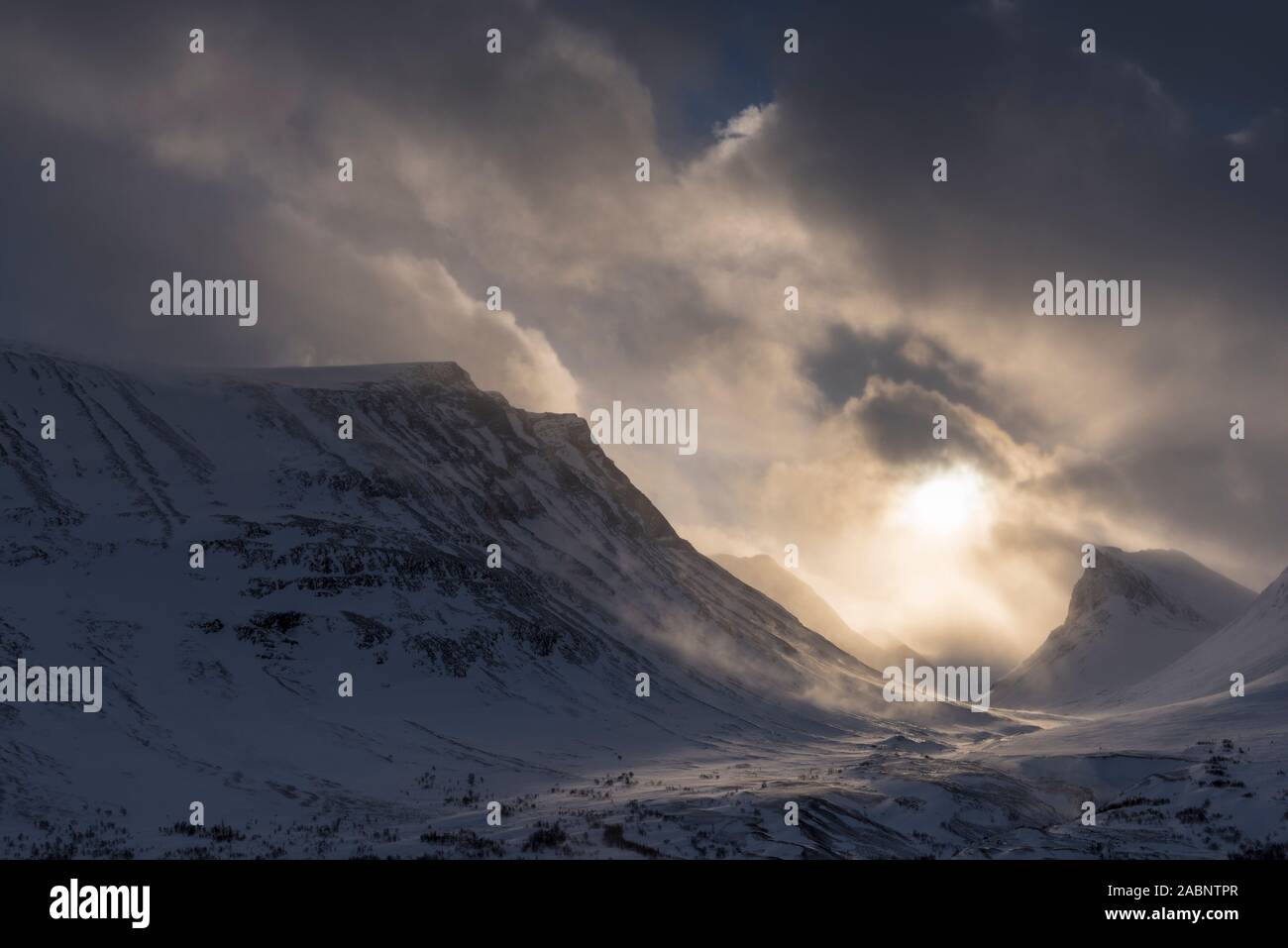 Landschaft im Schneetreiben, Stuor Reaiddavaggi, Norrbotten, Lappland, Schweden, Maerz 2017 Stock Photo