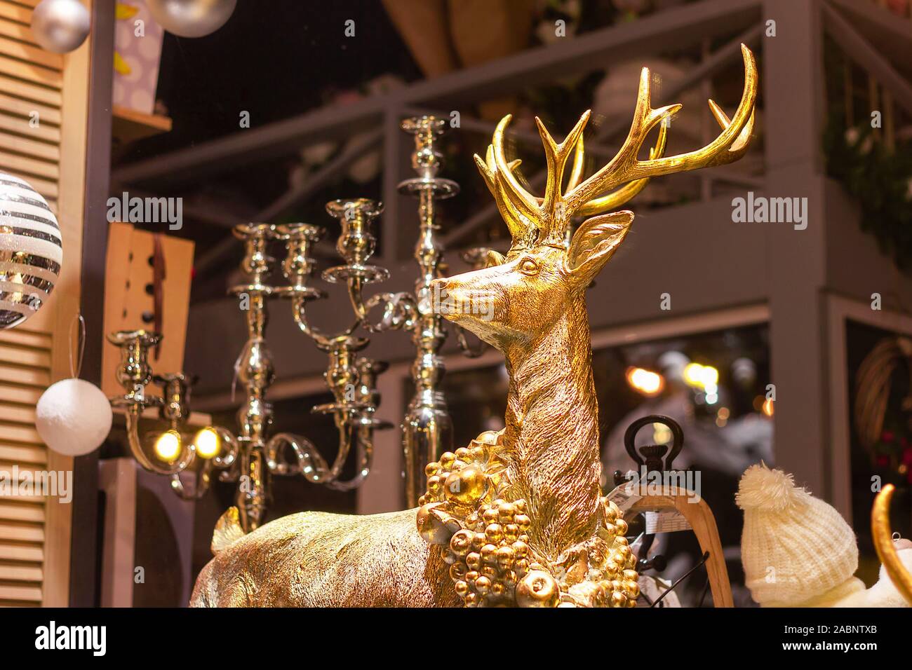 big deer in gold figurine decor . interrior noel disign Stock Photo