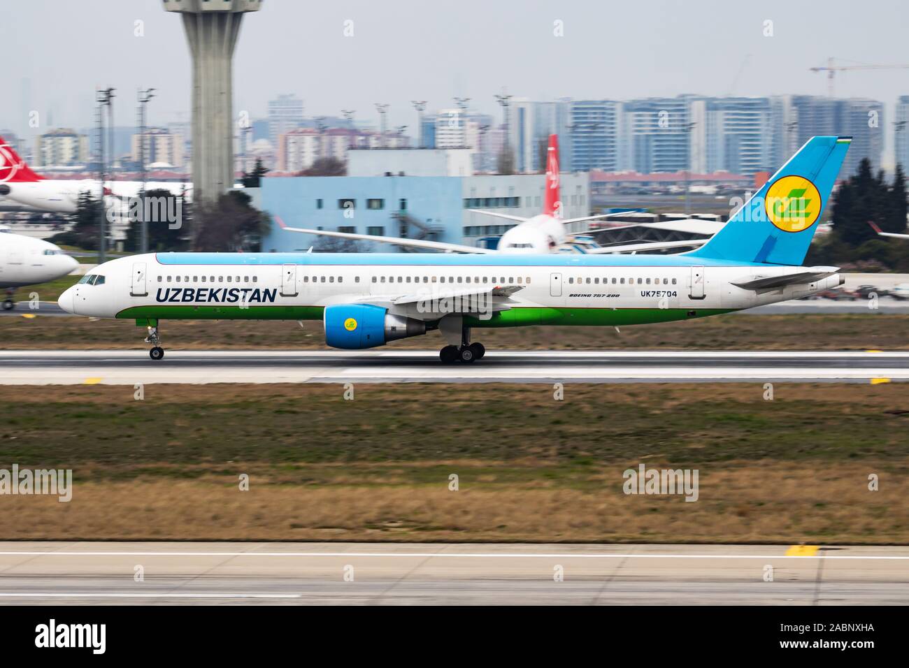 Istanbul / Turkey - March 27, 2019: Uzbekistan Airways Boeing 757-200 UK75704 passenger plane departure at Istanbul Ataturk Airport Stock Photo