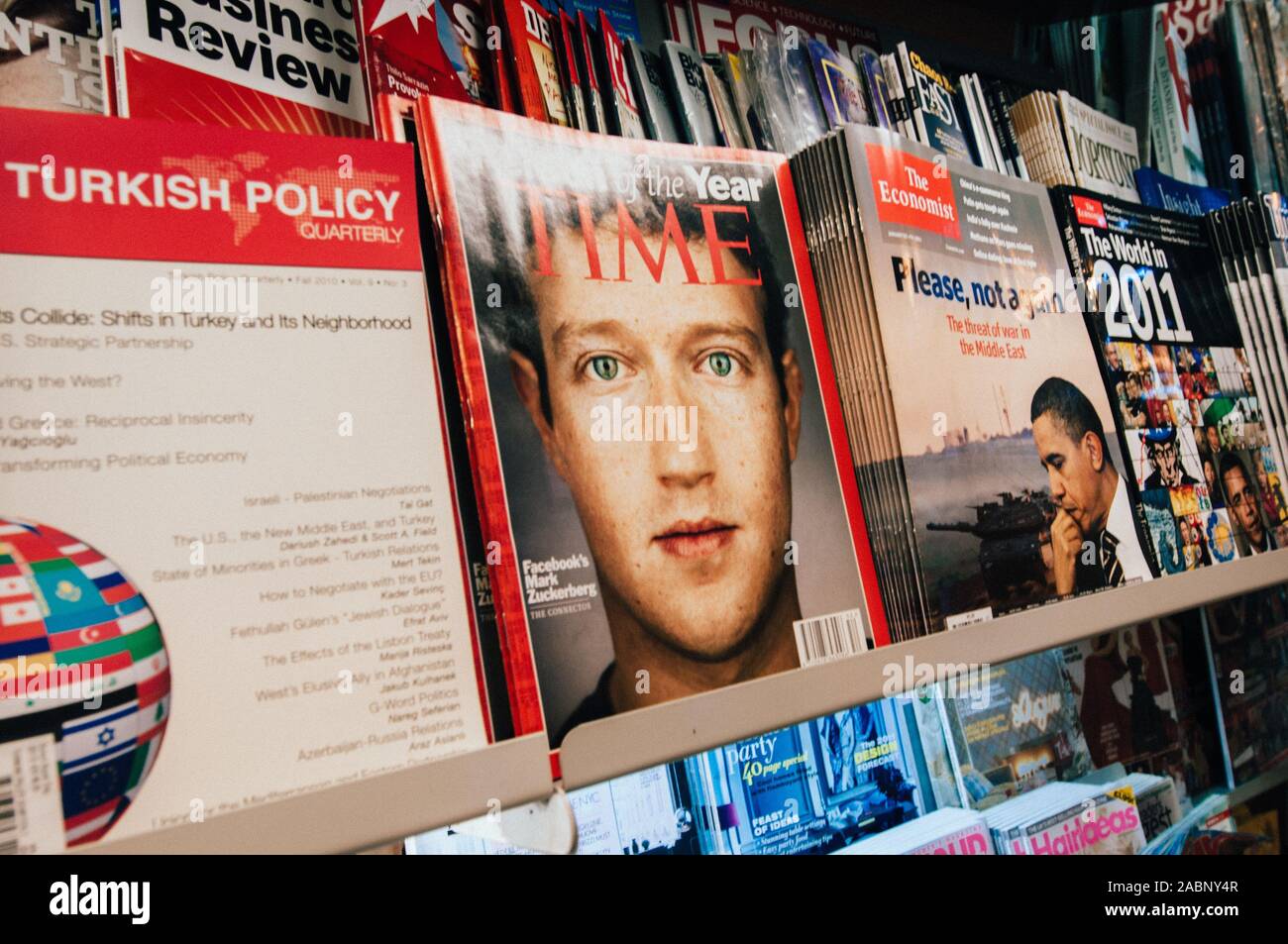 Istanbul; Turkey - May 28; 2010: The Economist; Turkish Policy and iconic cover of Time magazine with Mark Zuckerber - Person of the year 2010 Stock Photo