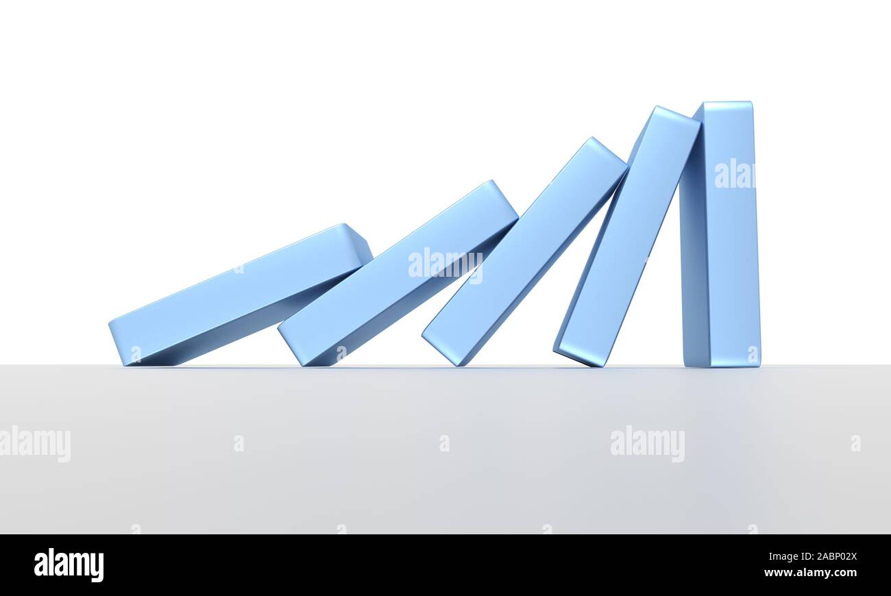 Domino. Conceptual illustration of falling bricks which push each other. 3d render Stock Photo