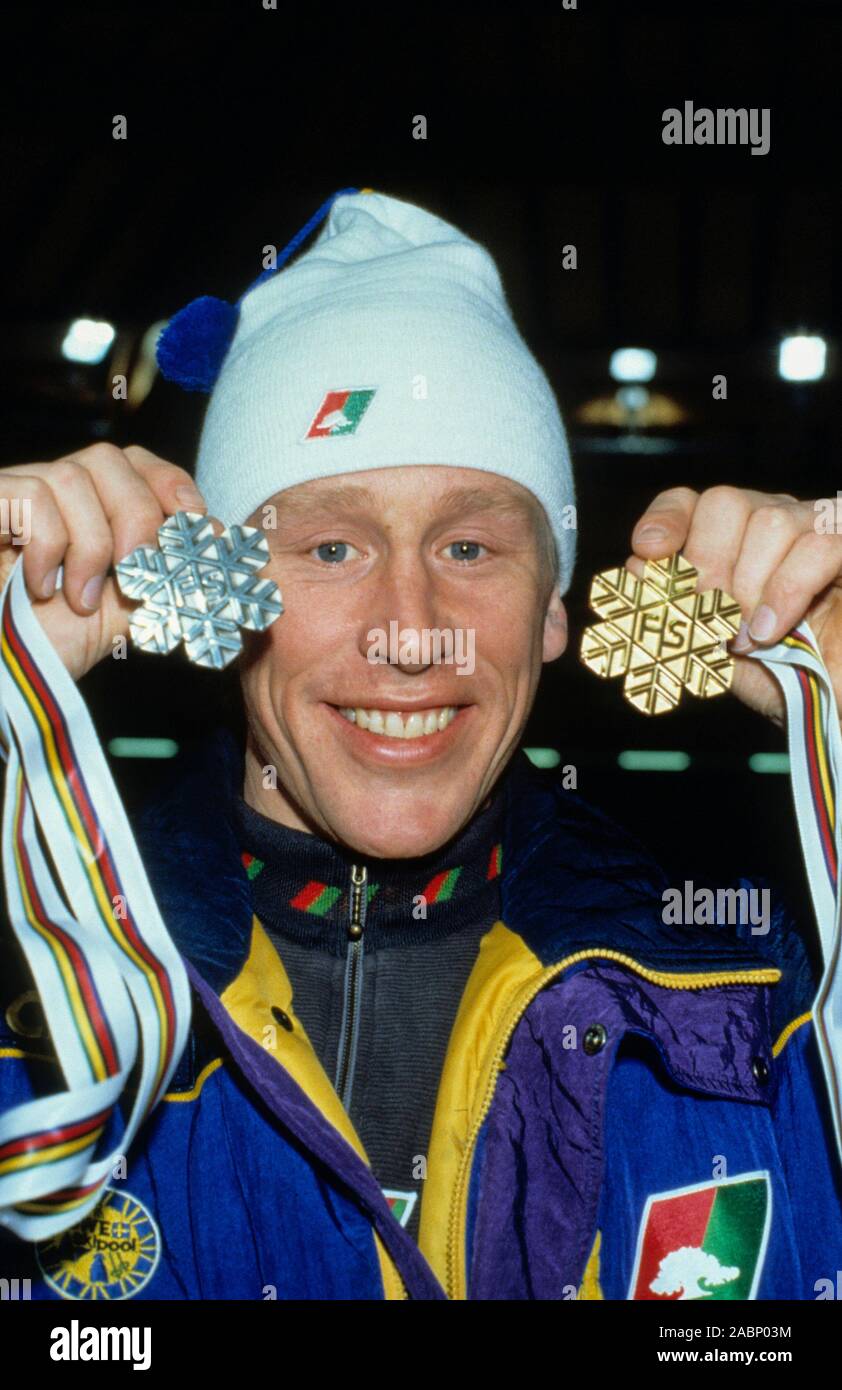 GUNDE SVAN former Swdish skier Cross country with medals from World Championship in Val di Fiemme Italy Stock Photo