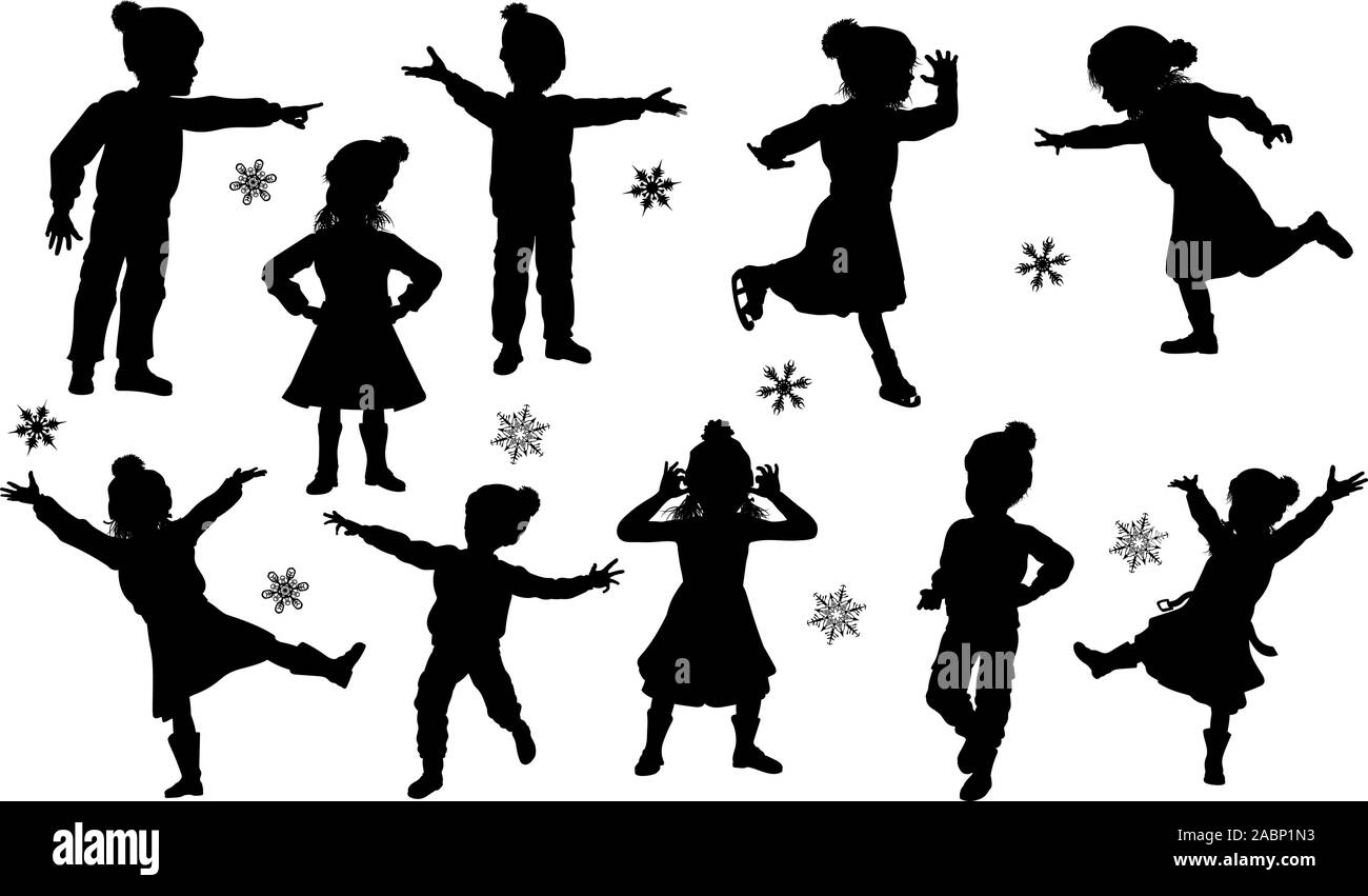 Silhouette Children Christmas Winter Clothing Set Stock Vector