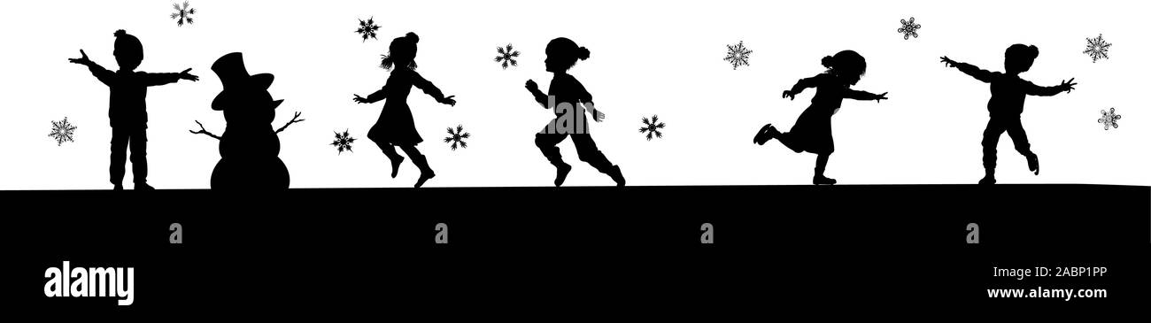 Silhouette Christmas Children in Winter Playing Stock Vector