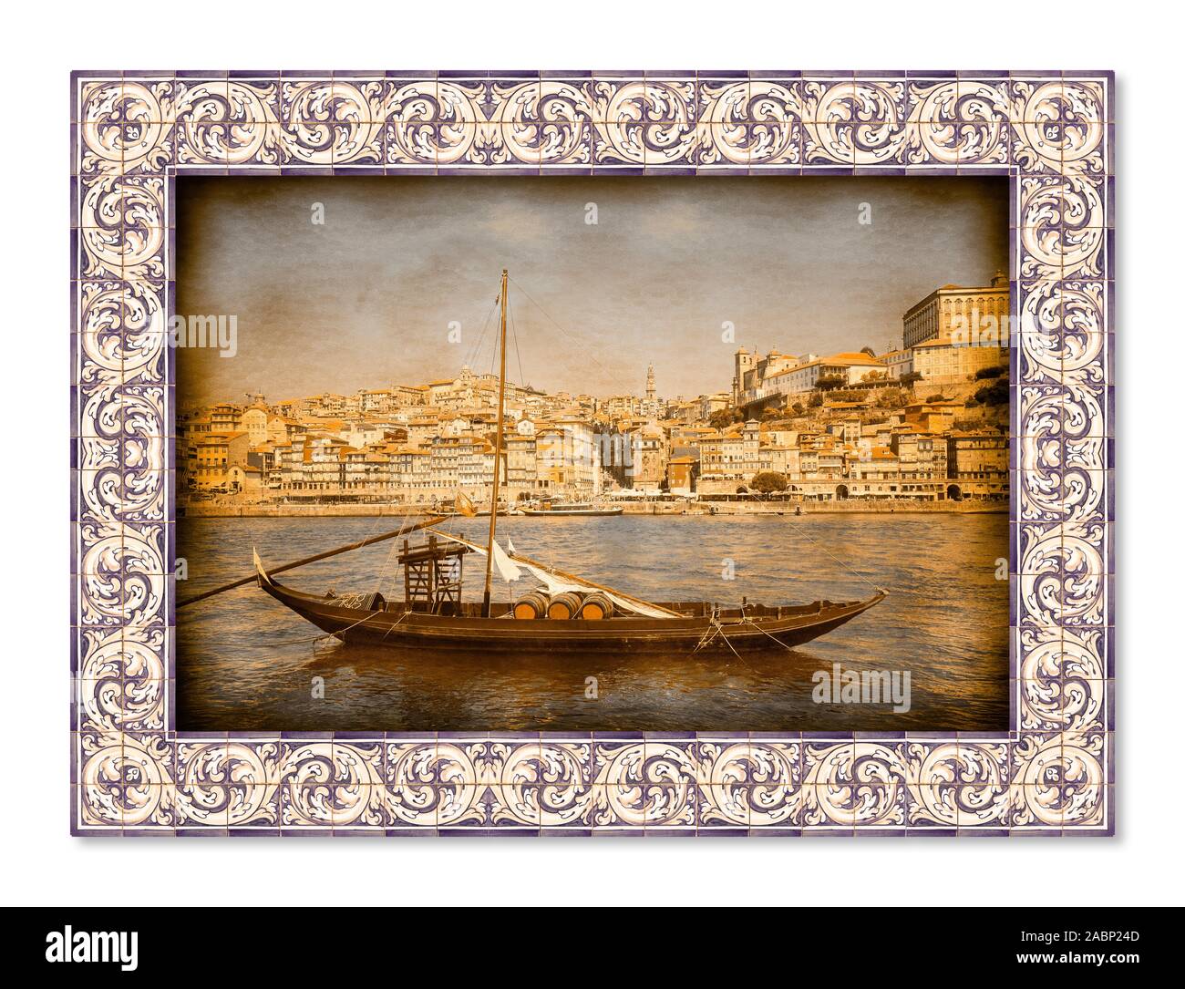 Typical portuguese boats, used in the past to transport the famous port wine, with azulejos frame Stock Photo