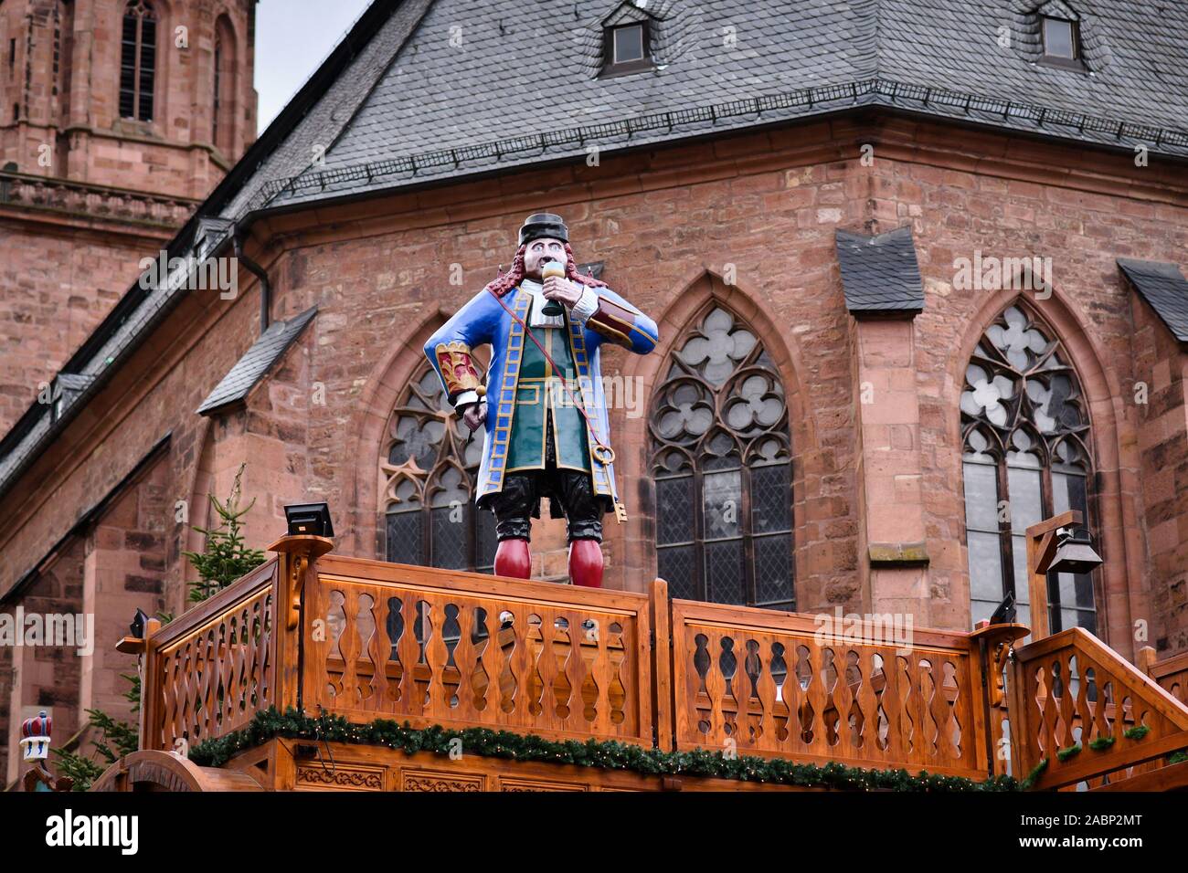 Heidelberg, Germany, Figure of Heidelberg jester and court dwarf Perkeo on top of giant wine barrel at the Heidelberg Castle on Christmas market Stock Photo