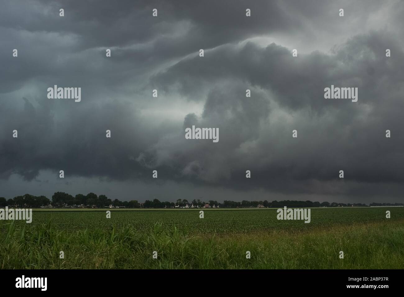 Dramatic sky over the dutch countryside as a ragged shelfcloud of a severe thunderstorm approaches, close to the cities of Gouda and Rotterdam. Stock Photo
