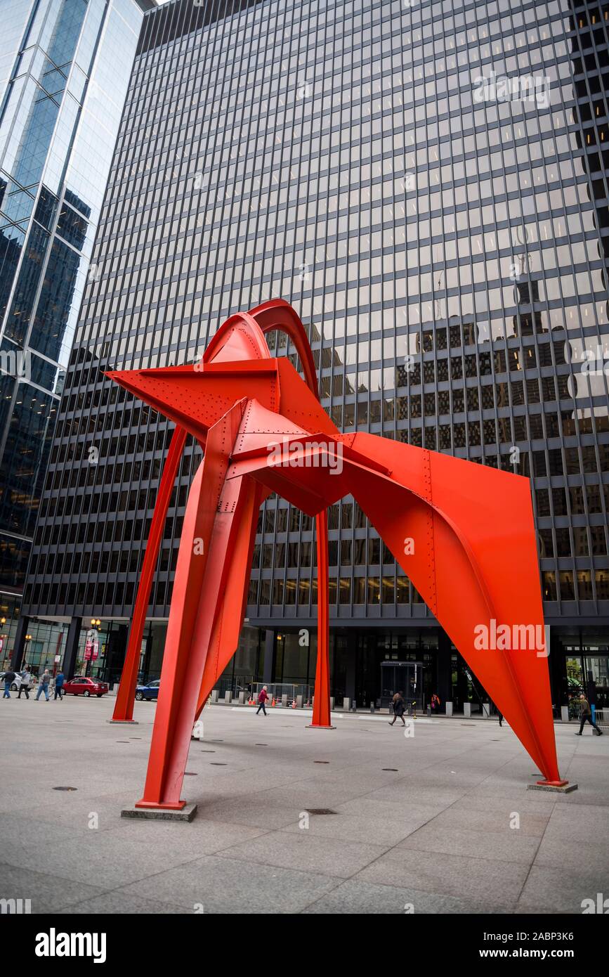 Flamingo sculpture by Alexander Calder, is a stabile located in the Federal Plaza in front of the Kluczynski Federal Building, Chicago, Illinois, USA Stock Photo