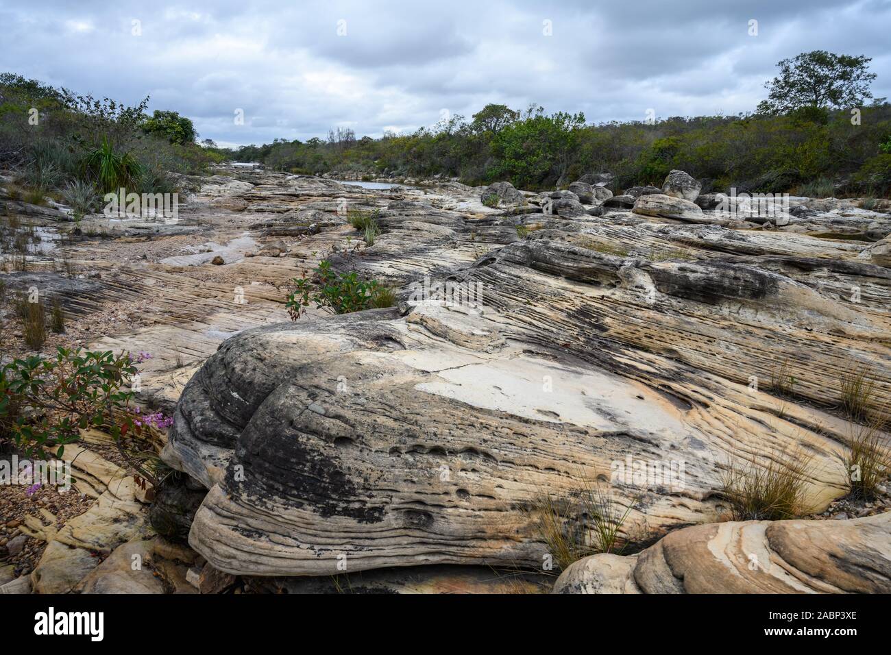 Outcrops of Precambrian sandstone show clear bedding. Botumirim, Minas Gerais, NE Brazil. Stock Photo