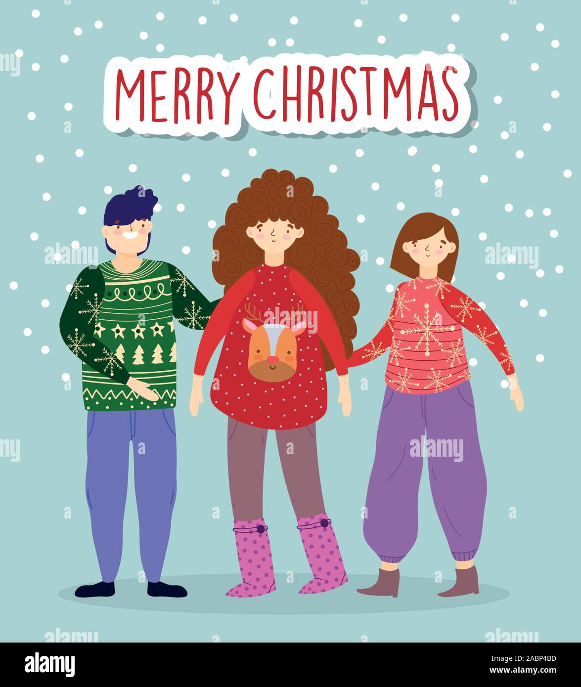 merry christmas celebration people wearing ugly sweaters snow vector illustration Stock Vector