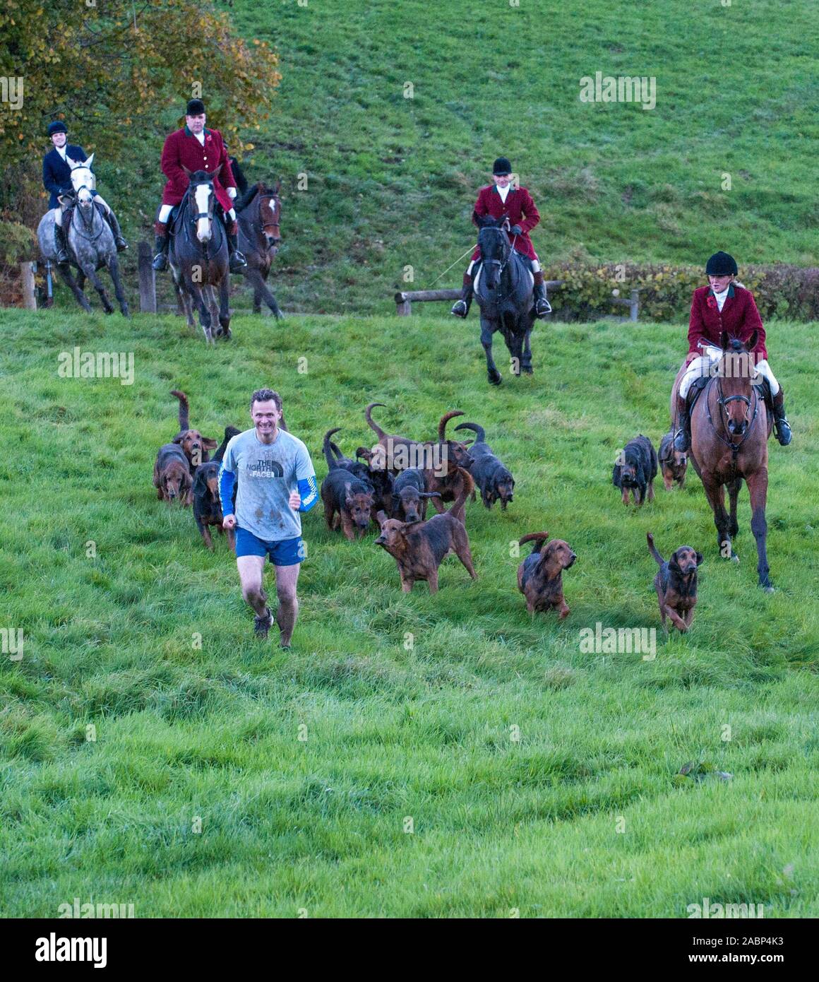 A 'Clean boot' hunt in Derbyshire where horses and hounds pursue the scent  of a human quarry. Clean boot hunting is a term that has been used in  Britain to refer to