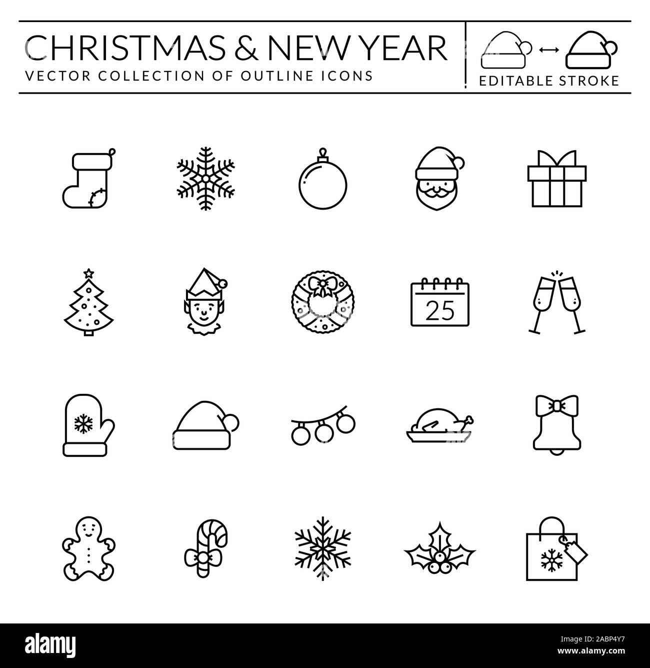 Christmas and New Year line icon set. Outline vector collection. Xmas and Season's Greetings symbols isolated on white background. Editable stroke. Stock Vector